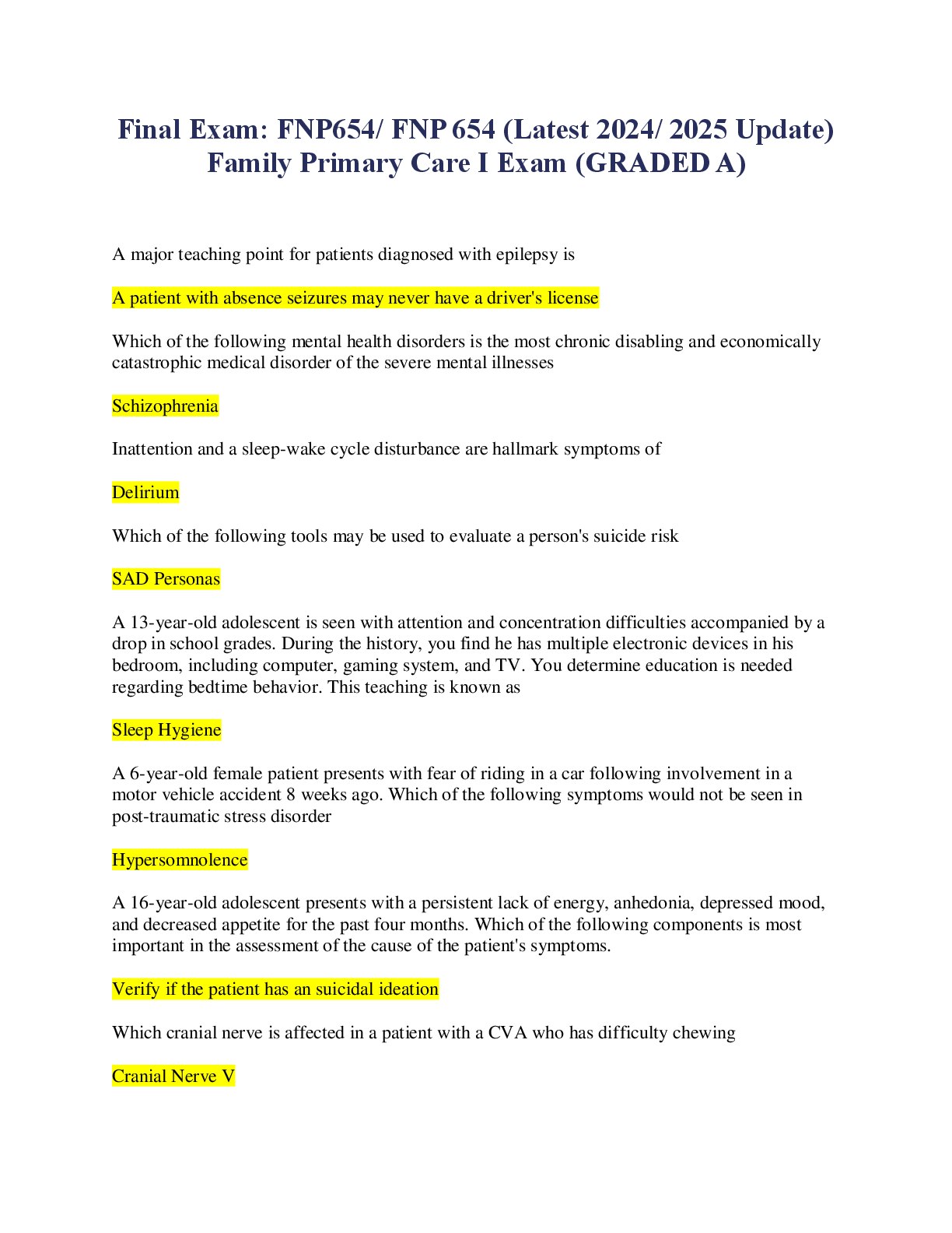 Preview of Final Exam FNP654 FNP 654 (Latest 2024 2025 Update) Family Primary Care I Exam (GRADED A)