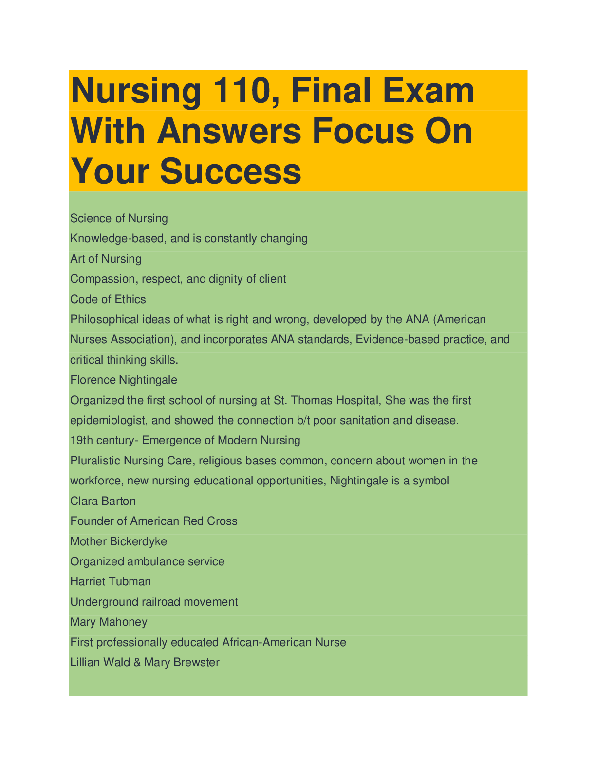 Preview of Nursing 110, Final Exam With Answers Focus On Your Success