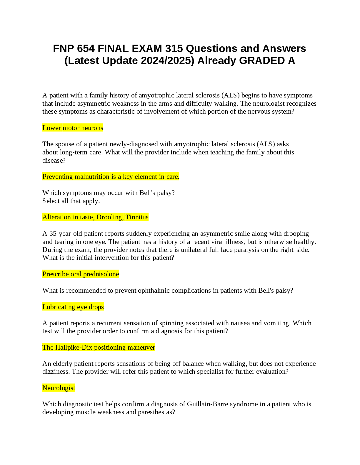 Preview image for FNP 654 FINAL EXAM 315 Questions and Answers (Latest Update 20242025) Already GRADED A