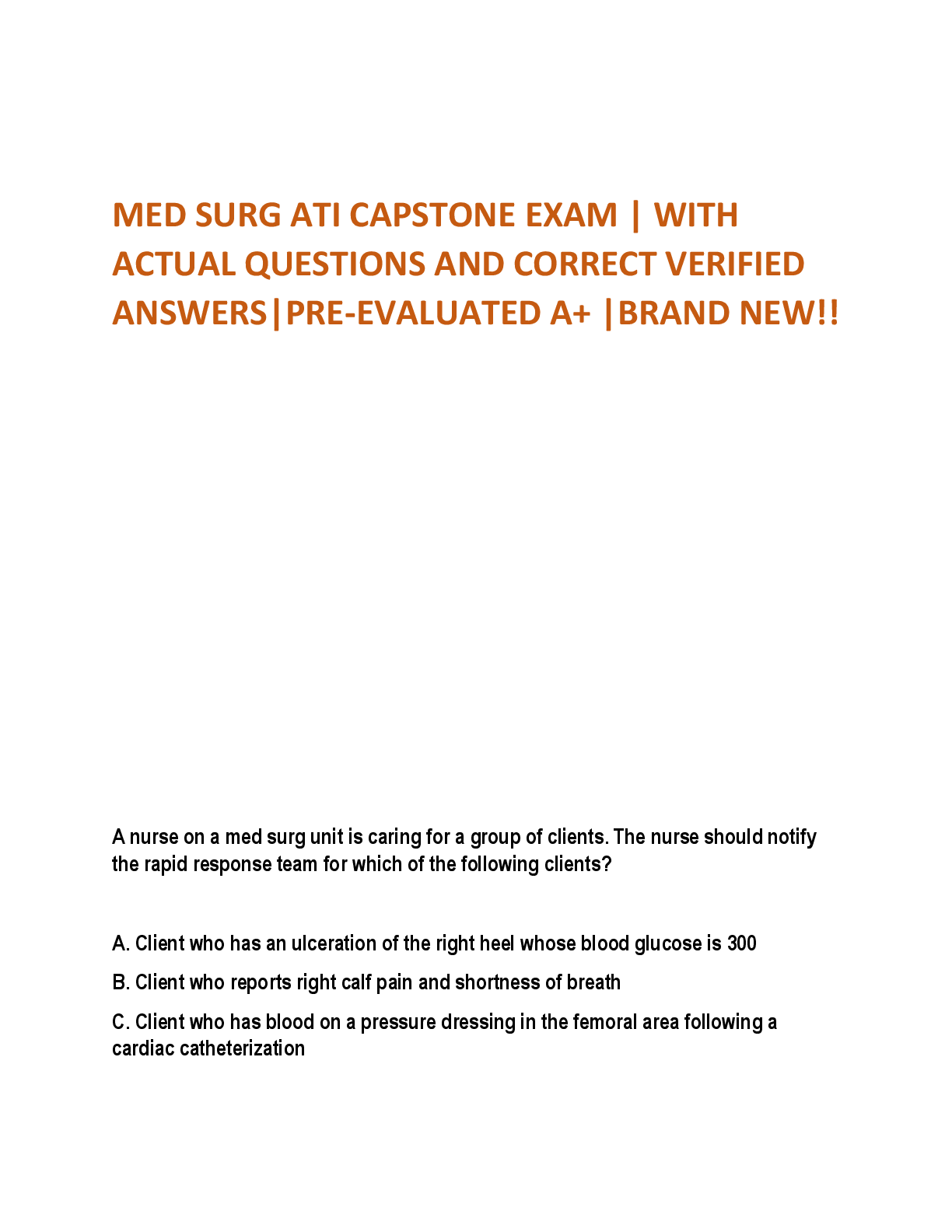 Preview of MED SURG ATI CAPSTONE EXAM  WITH ACTUAL QUESTIONS AND CORRECT VERIFIED ANSWERS PRE-EVALUAT