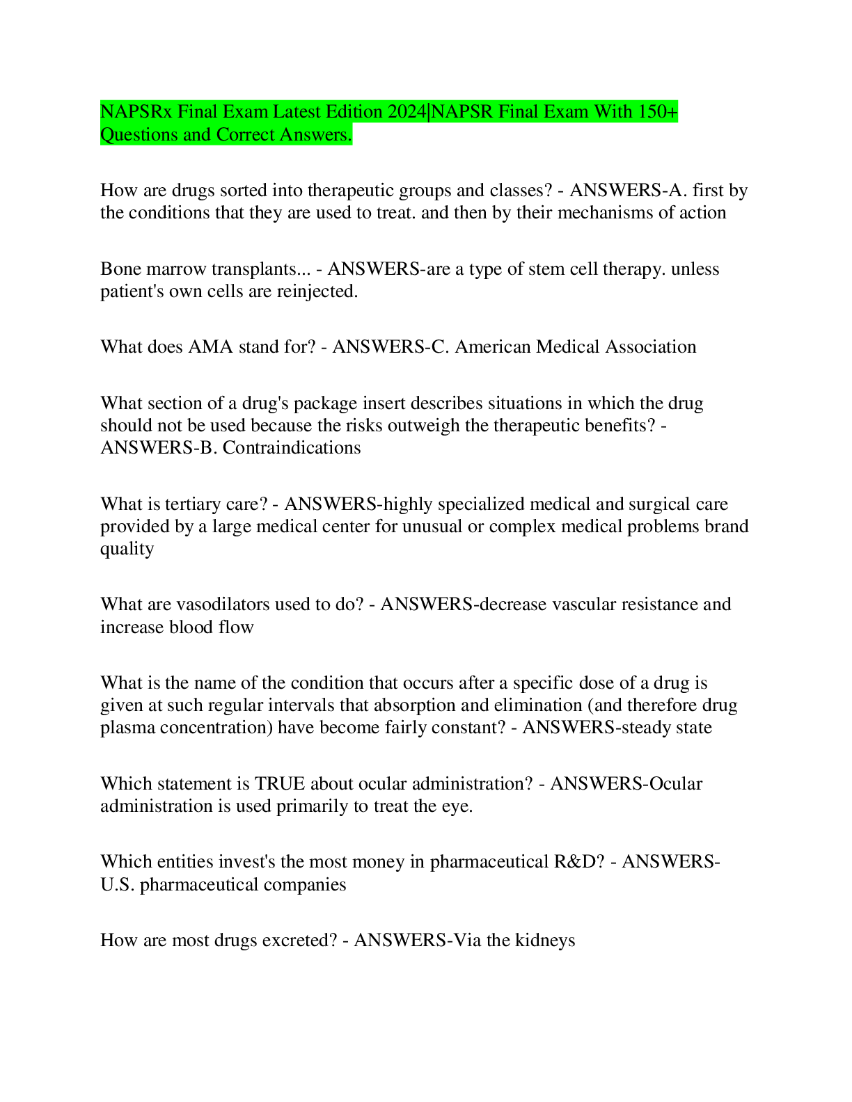 Recommended document preview for NAPSRx Final Exam Latest Edition 2024 NAPSR Final Exam With 150+ Questions and Correct Answers.