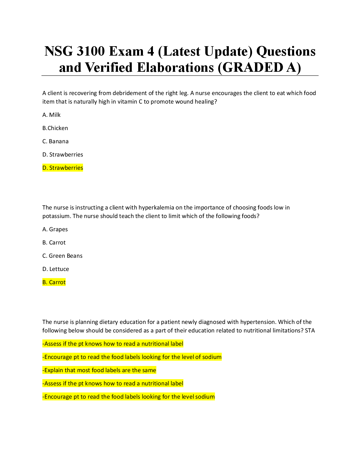 Recommended document preview for NSG 3100 Exam 4 (Latest Update) Questions and Verified Elaborations (GRADED A)