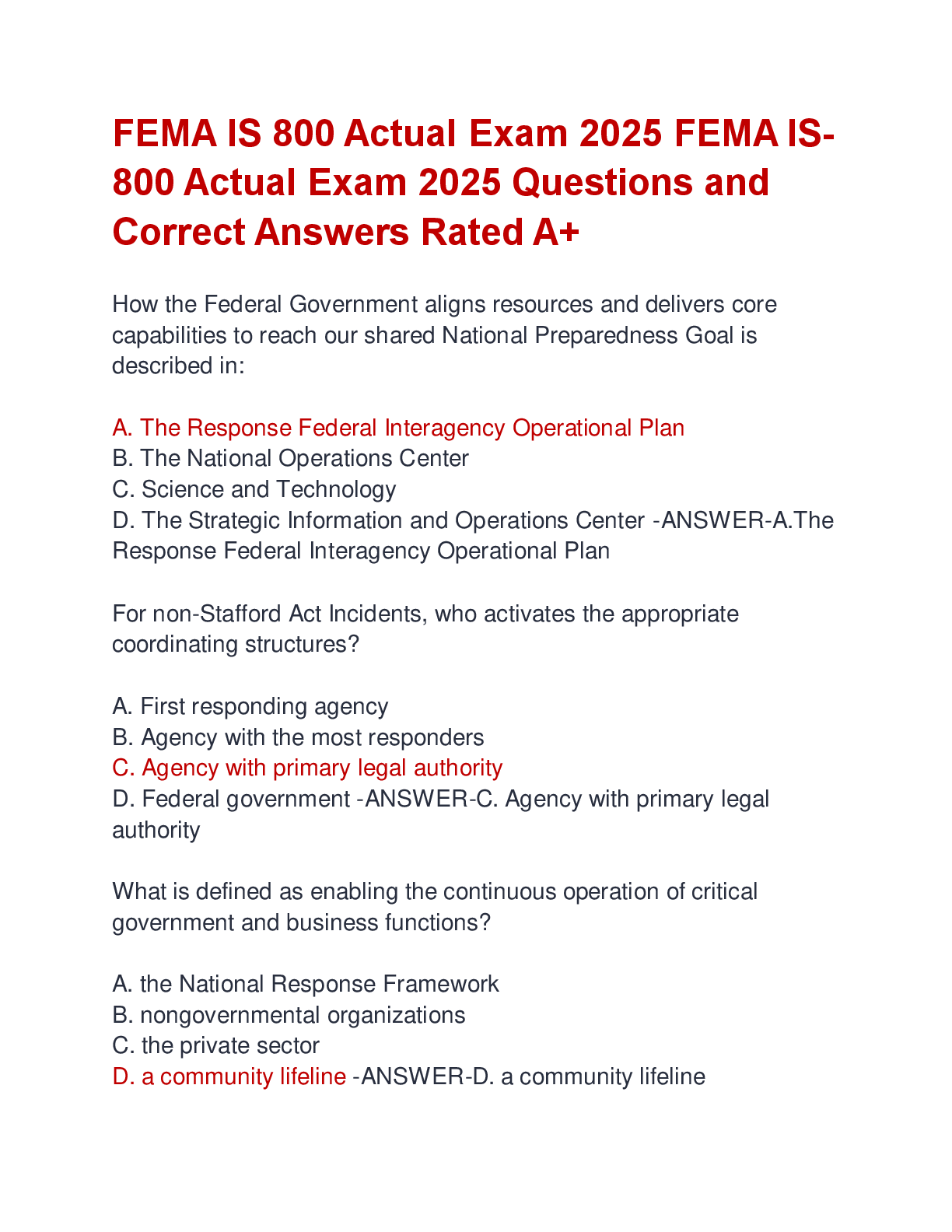 Preview of FEMA IS 800 Actual Exam 2025 FEMA IS 800 Actual Exam 2025 Questions and  Correct Answers R