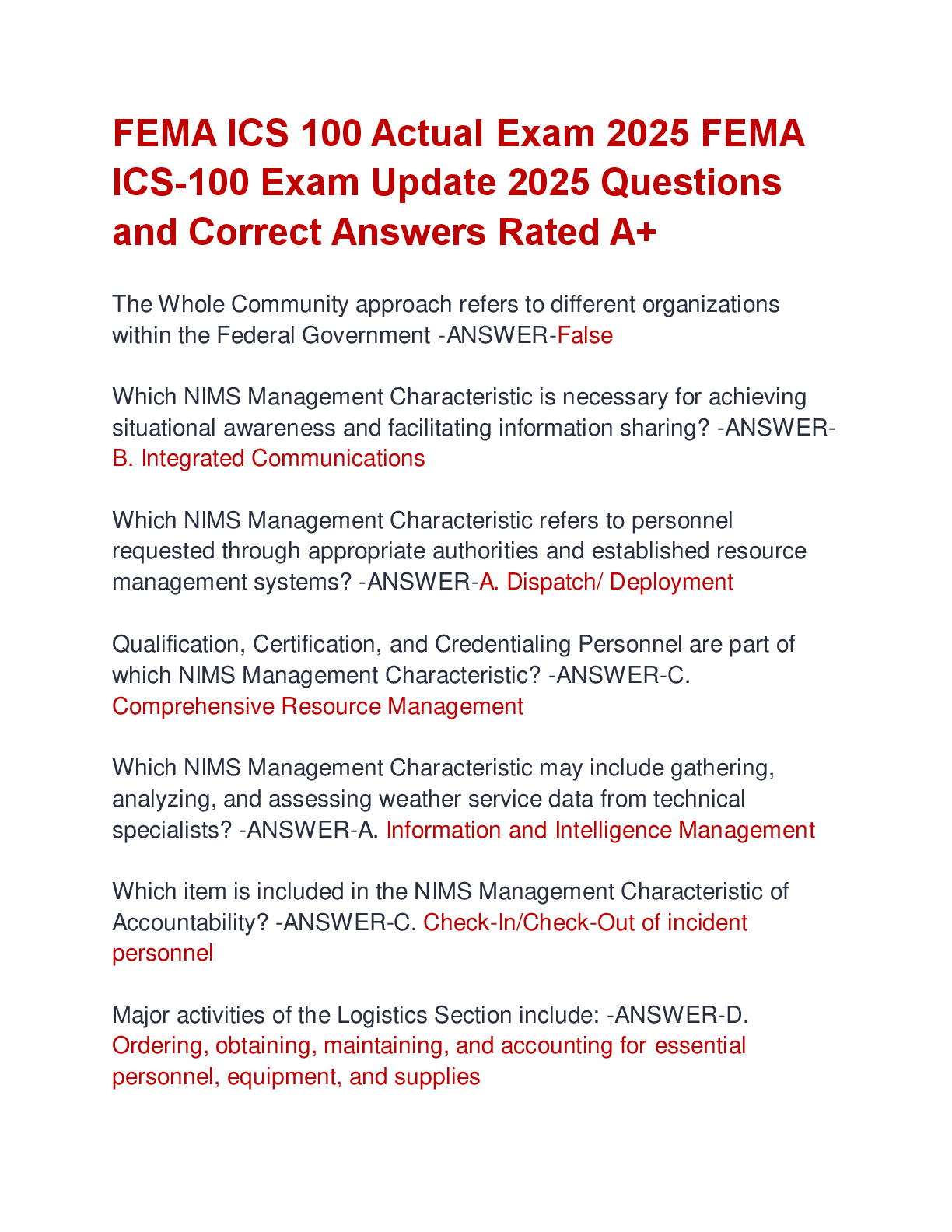 Preview of FEMA ICS 100 Actual Exam 2025 FEMA  ICS-100 Exam Update 2025 Questions  and Correct Answer
