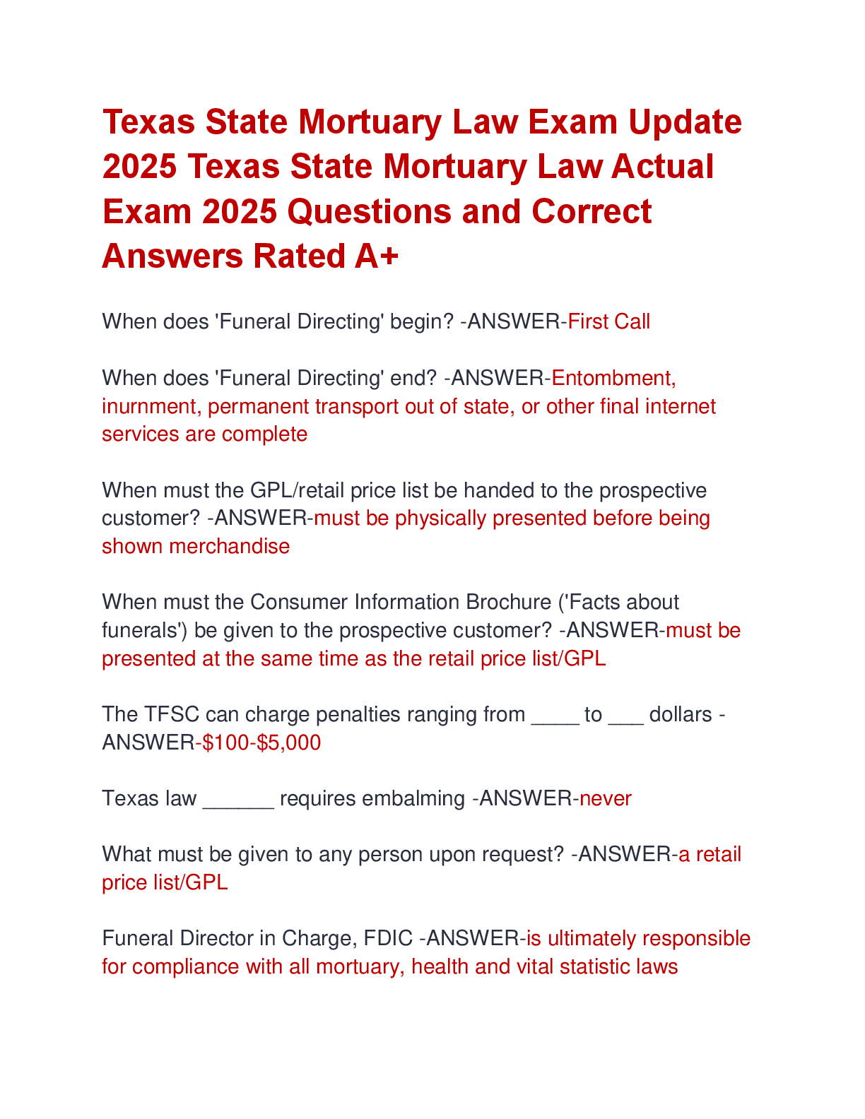 Preview of Texas State Mortuary Law Exam Update  2025 Texas State Mortuary Law Actual  Exam 2025 Questions and Correct  Answers Rated A+