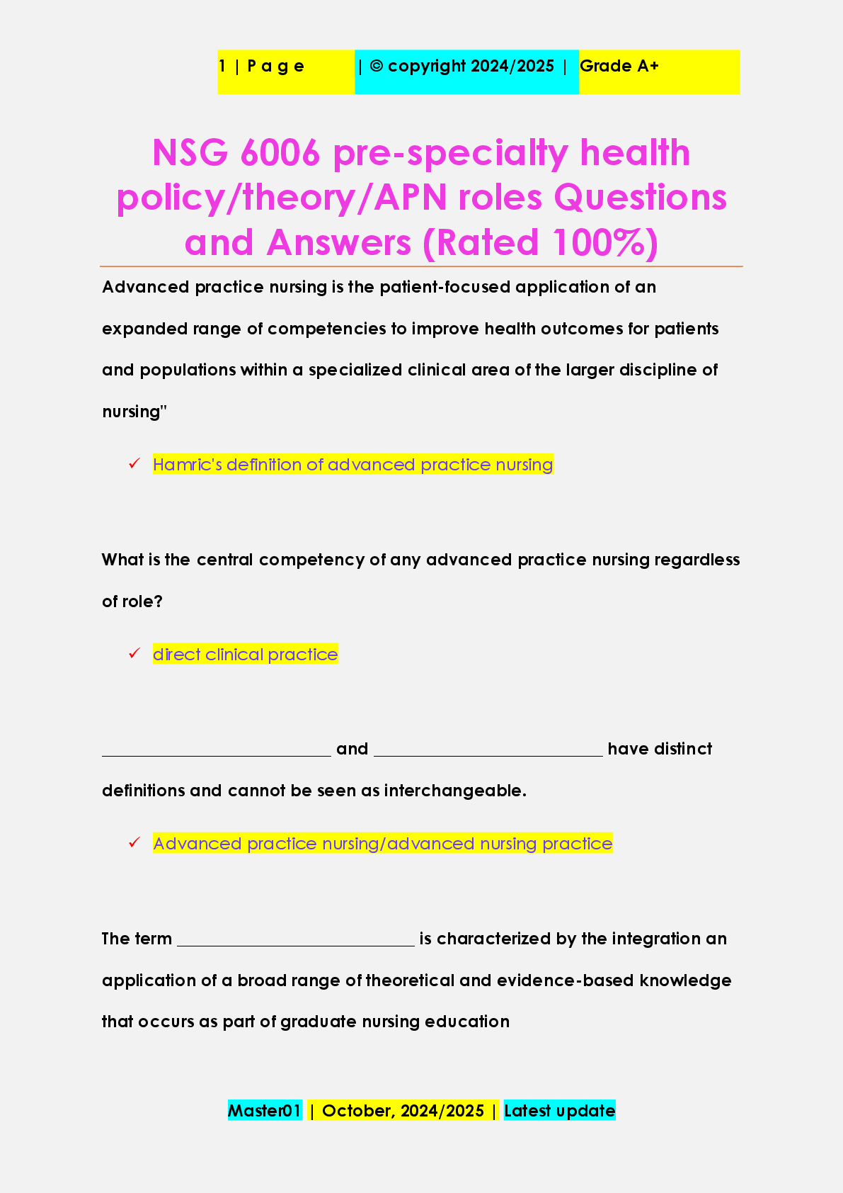 Preview image for NSG 6006 pre-specialty health policy-theory-APN roles Questions and Answers (Rated 100%)