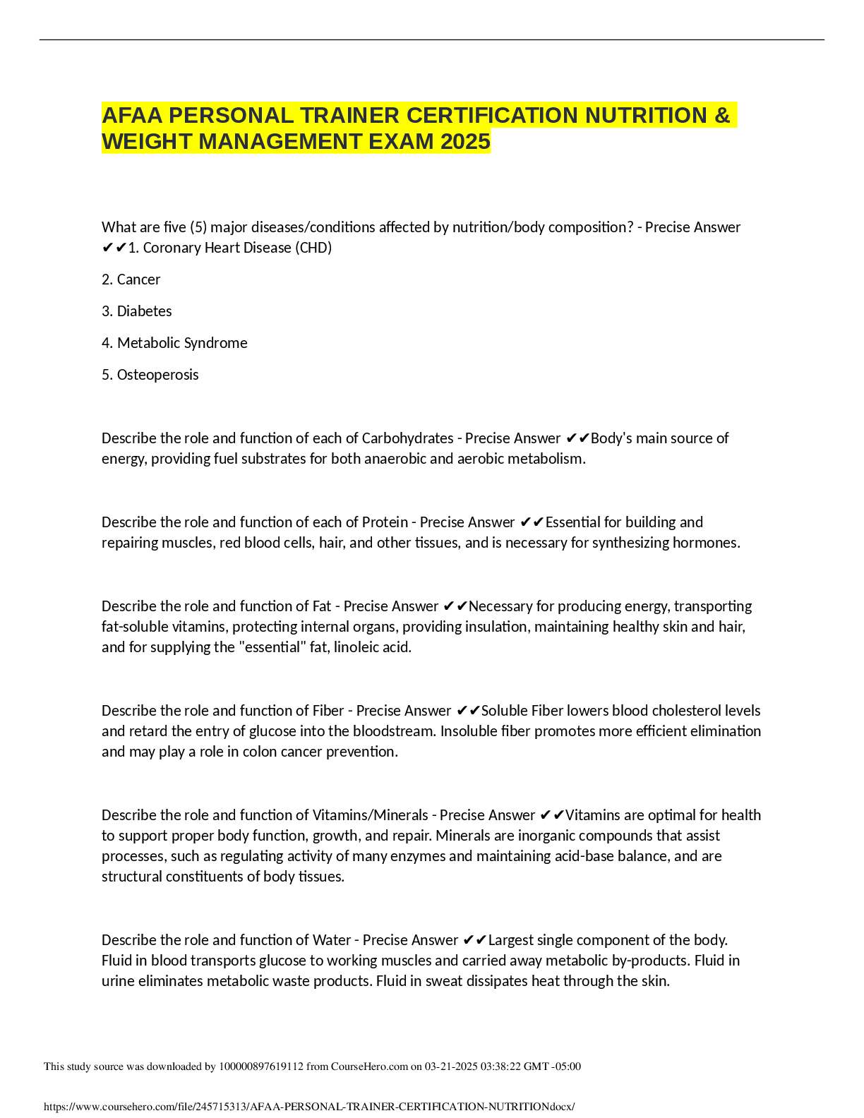 Preview of AFAA PERSONAL TRAINER CERTIFICATION NUTRITION & WEIGHT MANAGEMENT EXAM 2025