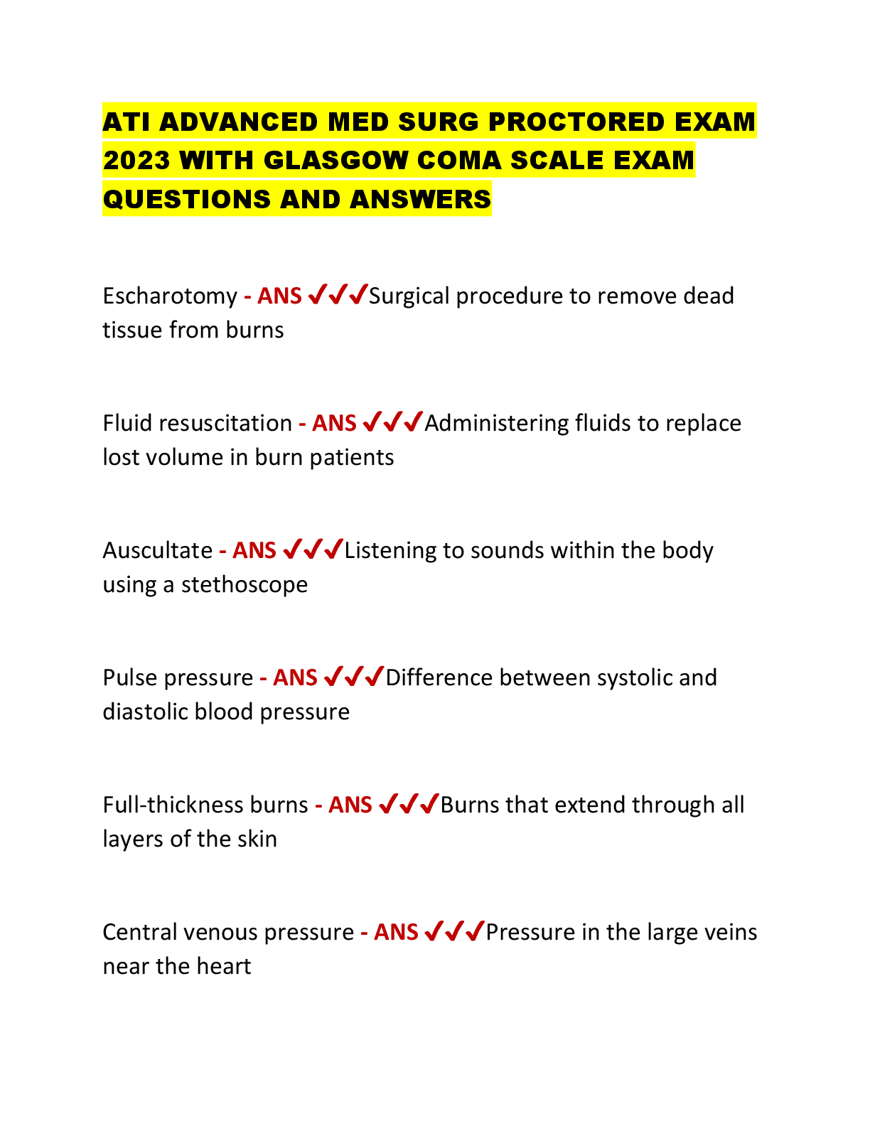 Preview of ATI ADVANCED MED SURG PROCTORED EXAM 2023 WITH GLASGOW COMA SCALE EXAM QUESTIONS AND ANSWE