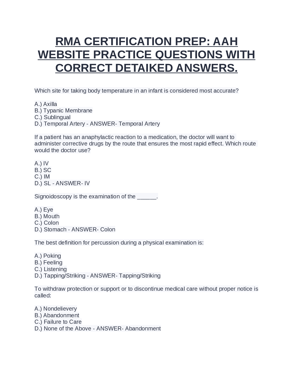 Preview of RMA CERTIFICATION PREP AAH WEBSITE PRACTICE QUESTIONS WITH CORRECT DETAILED ANSWERS.