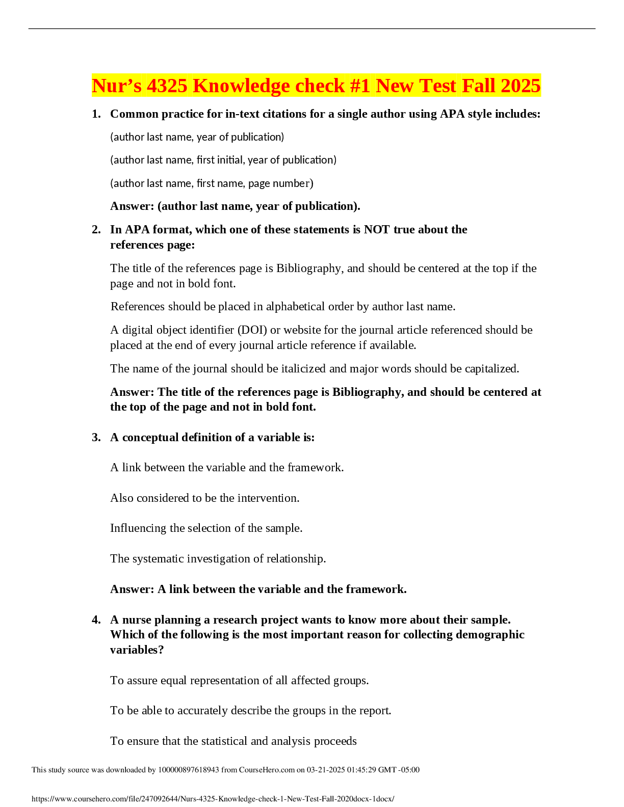 Preview of Nurs 4325 Knowledge check #1 New Test Fall 2025