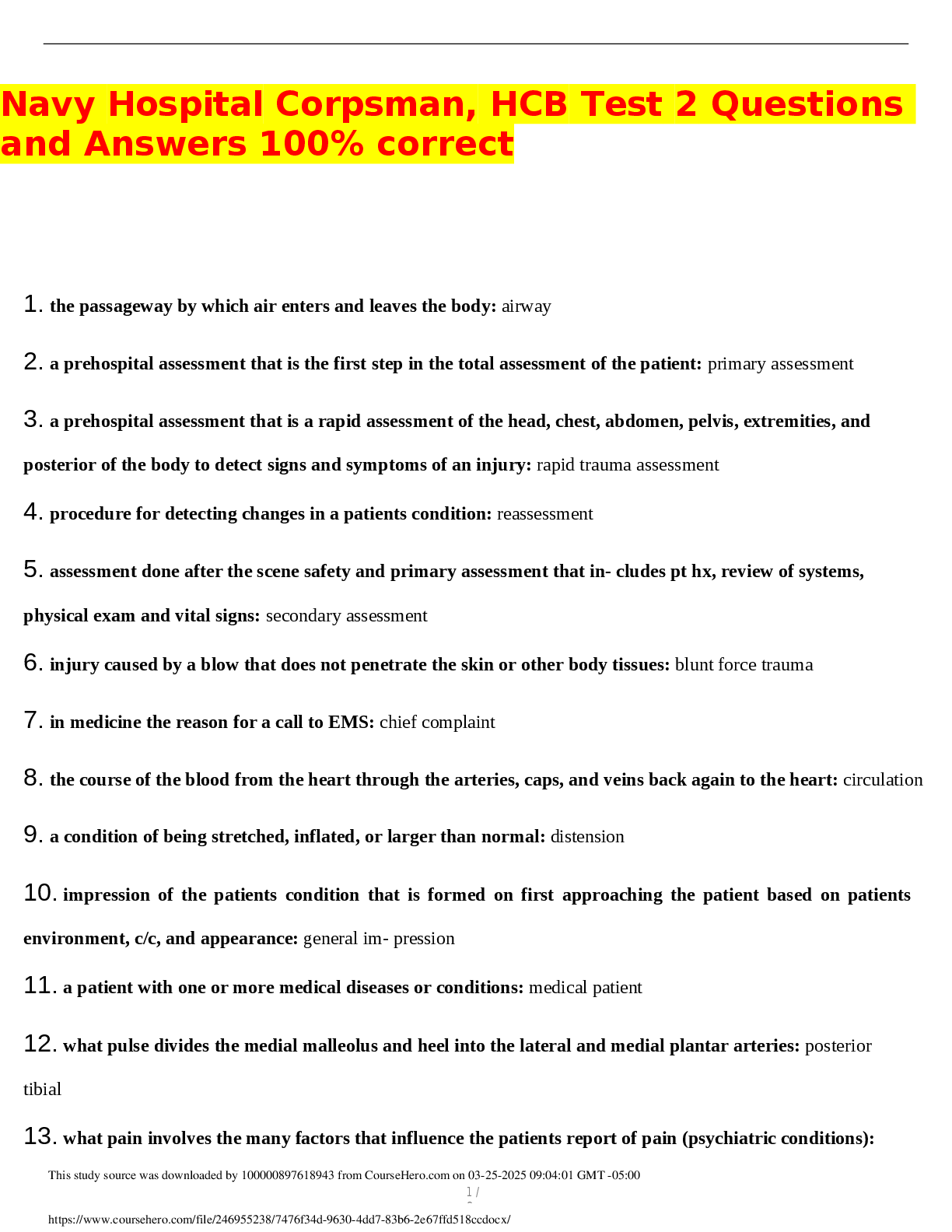 Preview of Navy Hospital Corpsman, HCB Test 2 Questions and Answers 100% correct