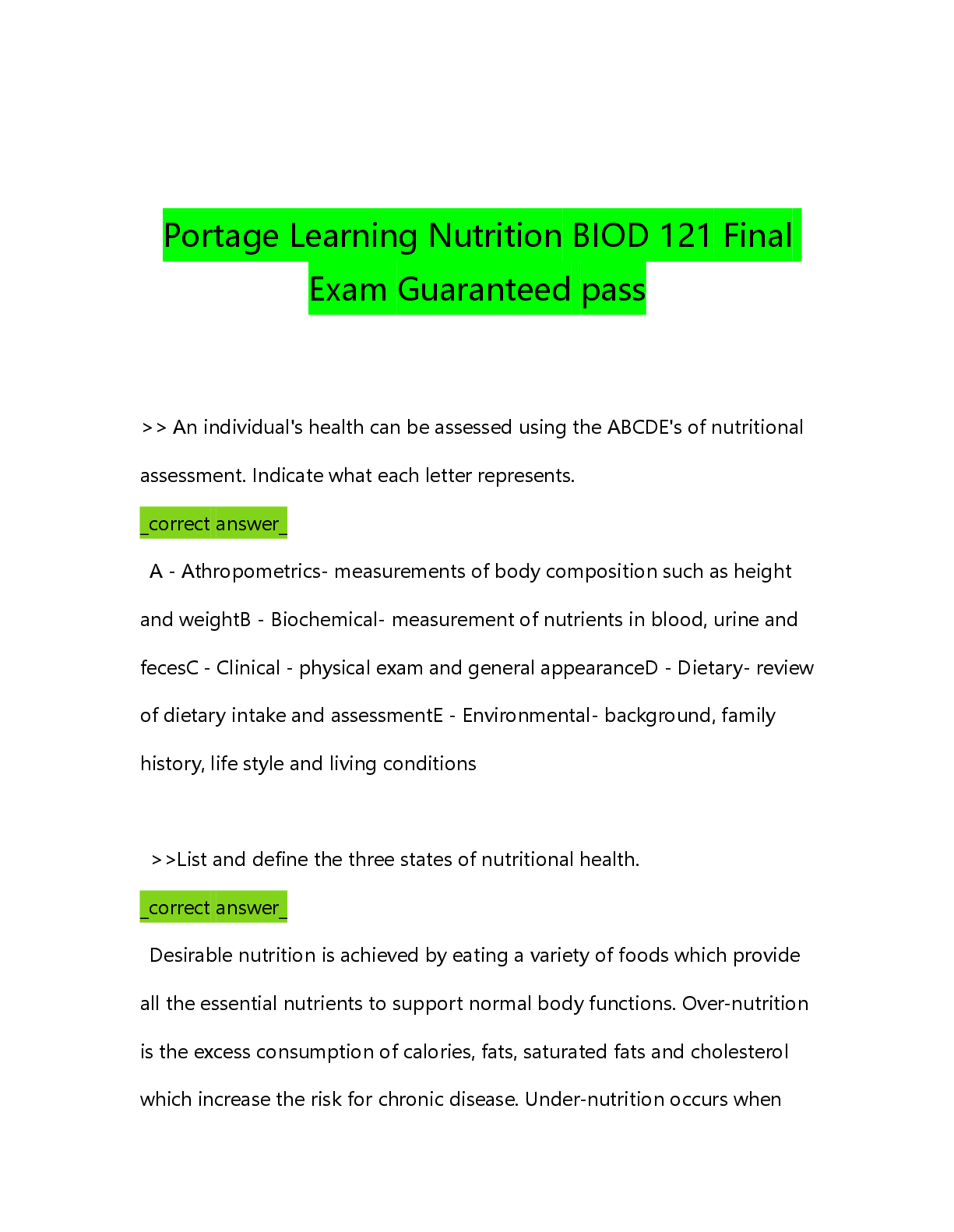 Preview of Portage Learning Nutrition BIOD 121 Final Exam Guaranteed pass