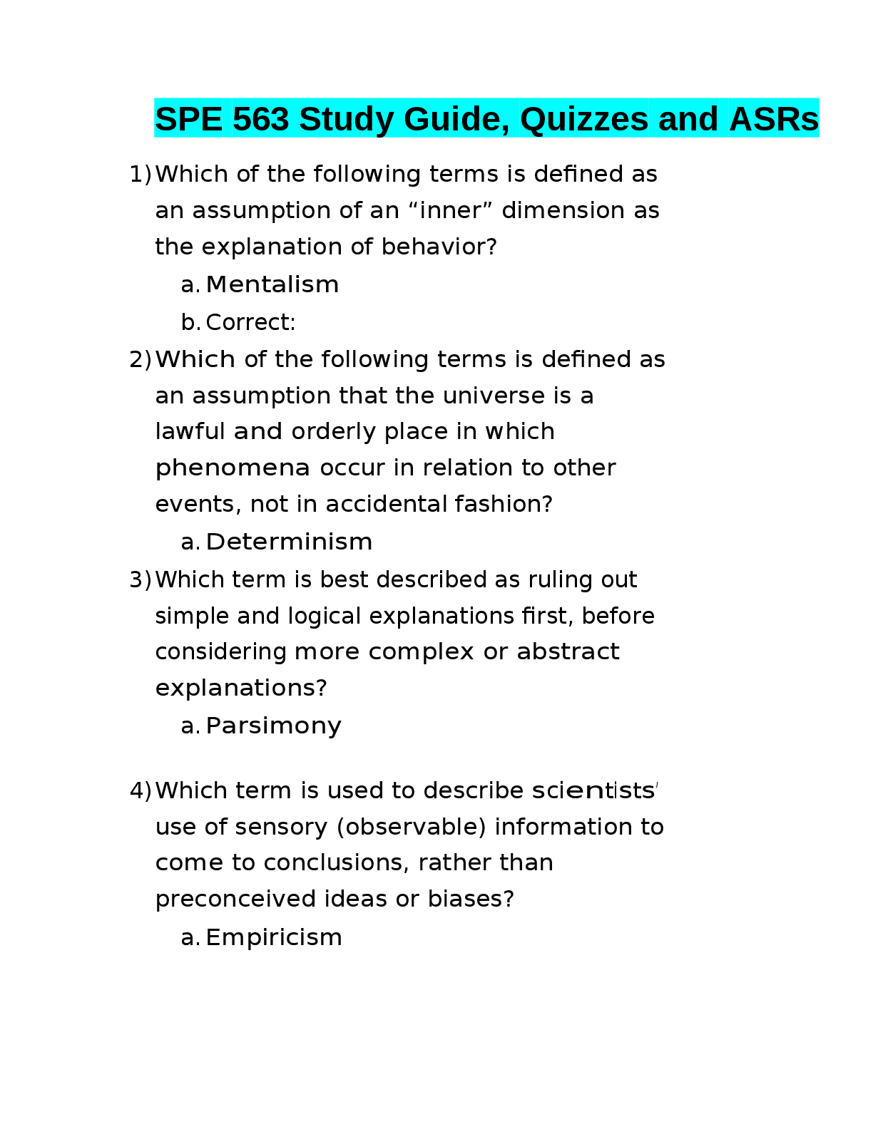 Preview of SPE 563 Study Guide, Quizzes and ASRs