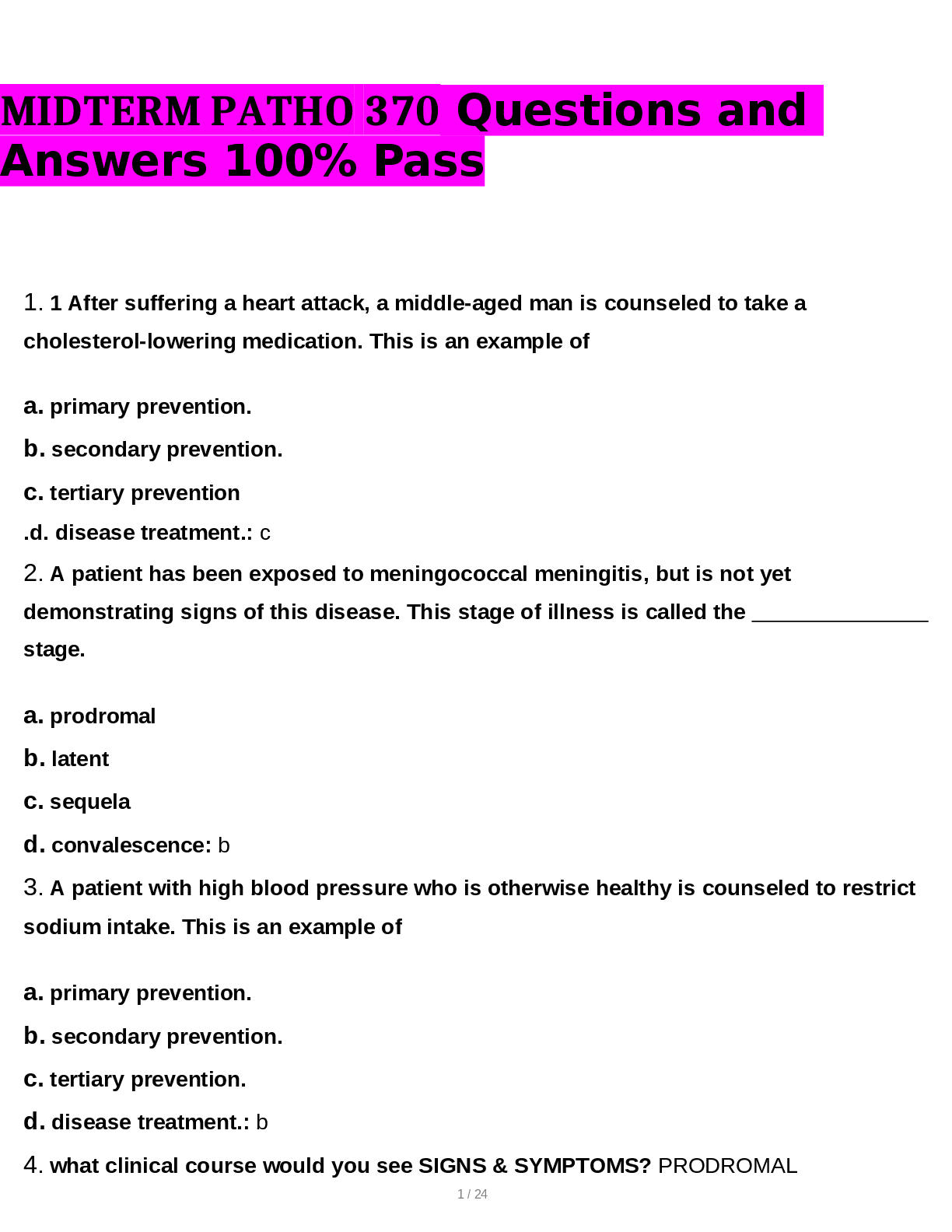 Preview of MIDTERM PATHO 370 Questions and Answers 100% Pass