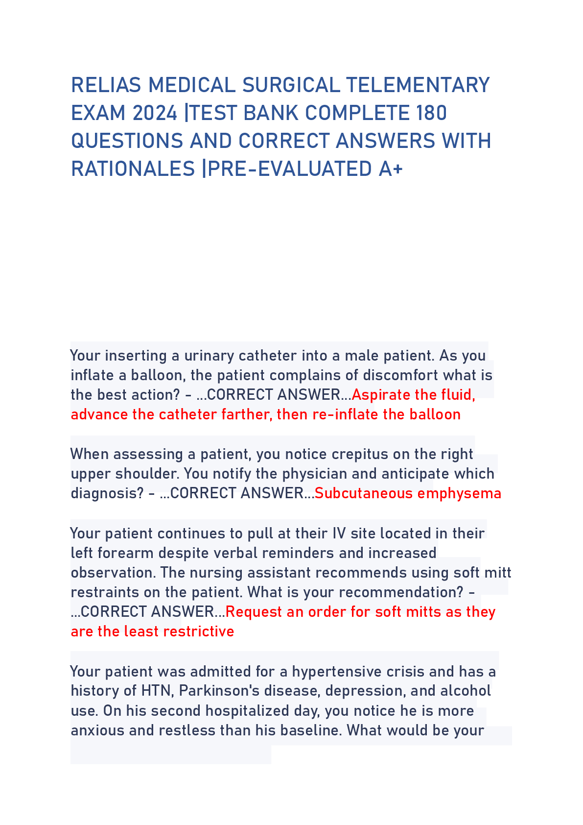 Preview of RELIAS MEDICAL SURGICAL TELEMENTARY EXAM 2024 TEST BANK COMPLETE 180 QUESTIONS AND CORRECT