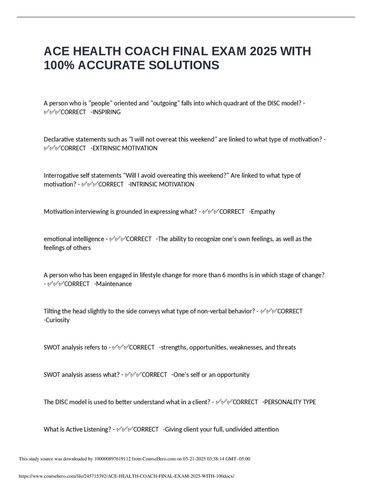 Preview of ACE HEALTH COACH FINAL EXAM 2025 WITH 100% ACCURATE SOLUTIONS