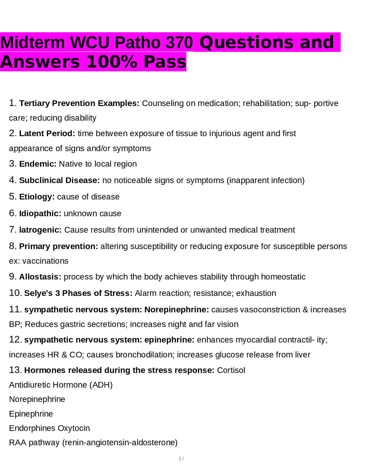 Preview of Midterm WCU Patho 370 Questions and Answers 100% Pass