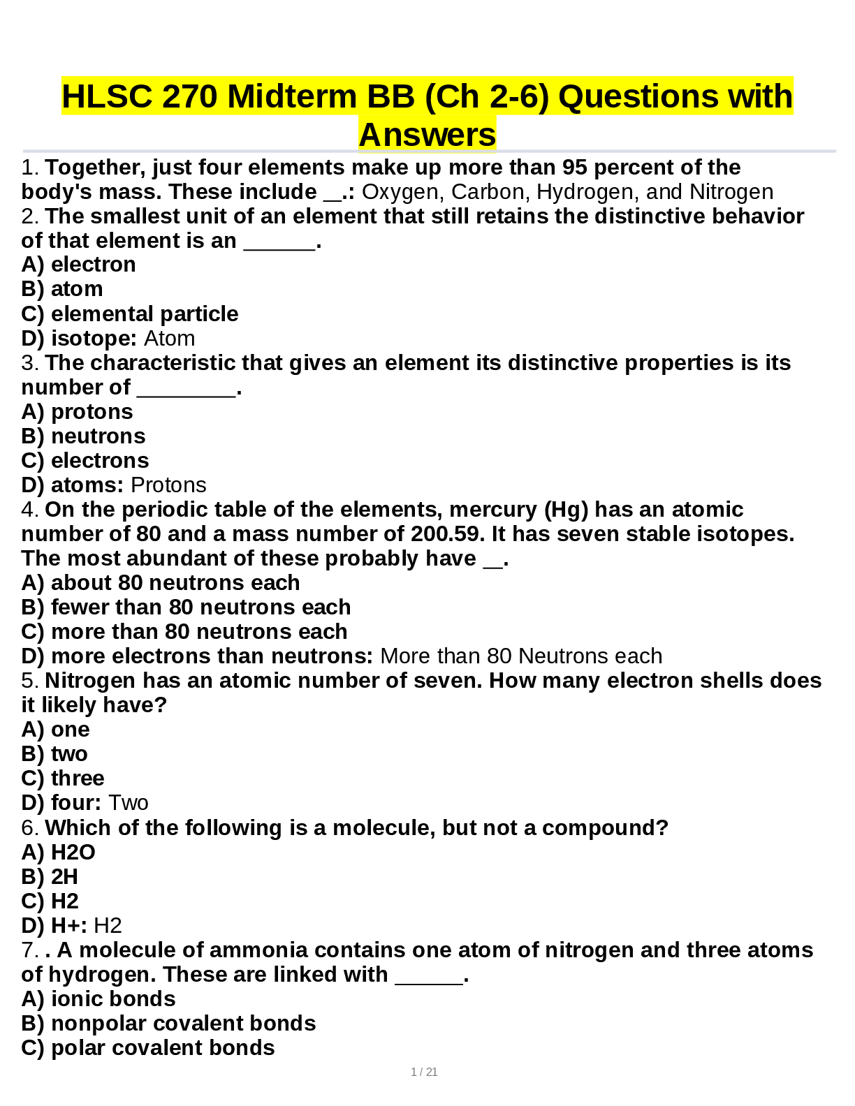 Preview of HLSC 270 Midterm BB (Ch 2-6) Questions with Answers