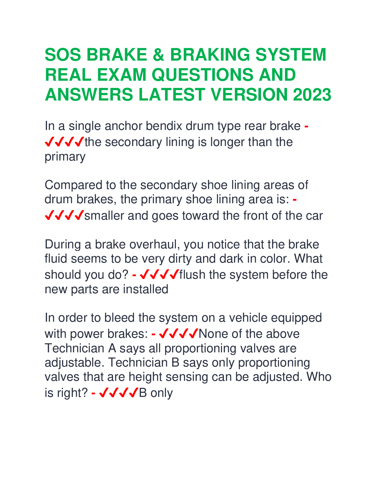 Preview of SOS BRAKE & BRAKING SYSTEM REAL EXAM QUESTIONS AND ANSWERS LATEST VERSION 2023