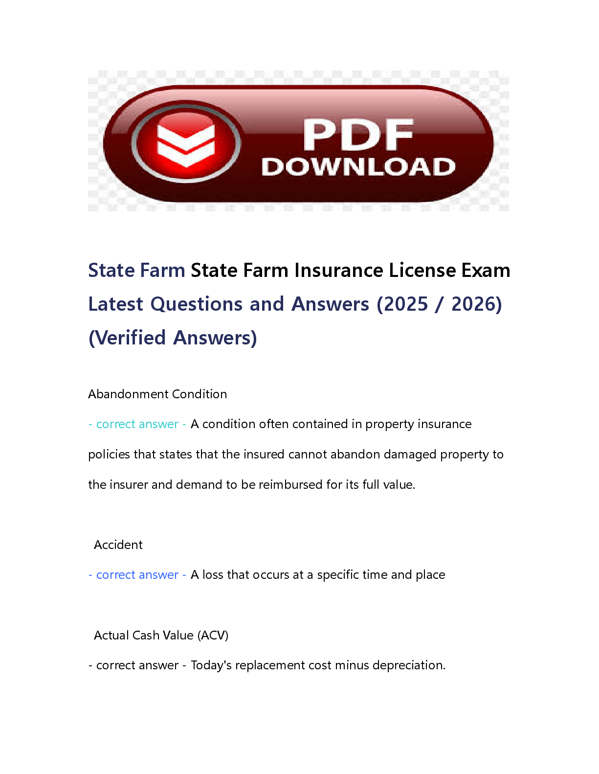 Preview of State Farm State Farm Insurance License Exam Latest Questions and Answers (2025 2026) (Ver