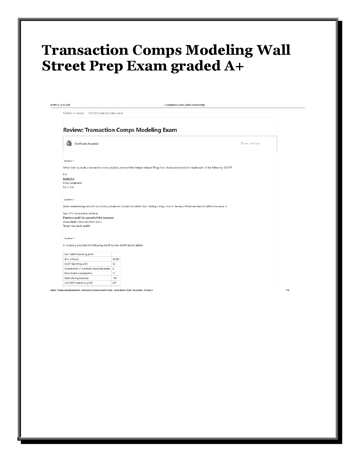 Transaction Comps Modeling Wall Street Prep Exam graded A+
