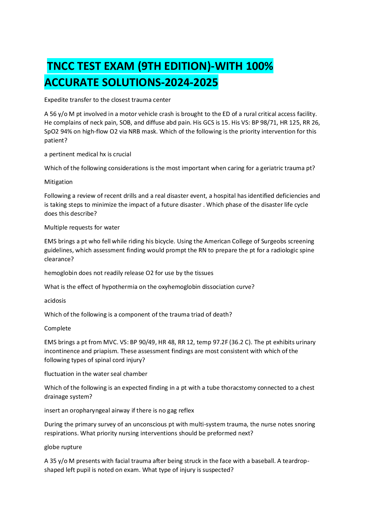 Preview of TNCC TEST EXAM (9TH EDITION)-WITH 100% ACCURATE SOLUTIONS-2024-2025