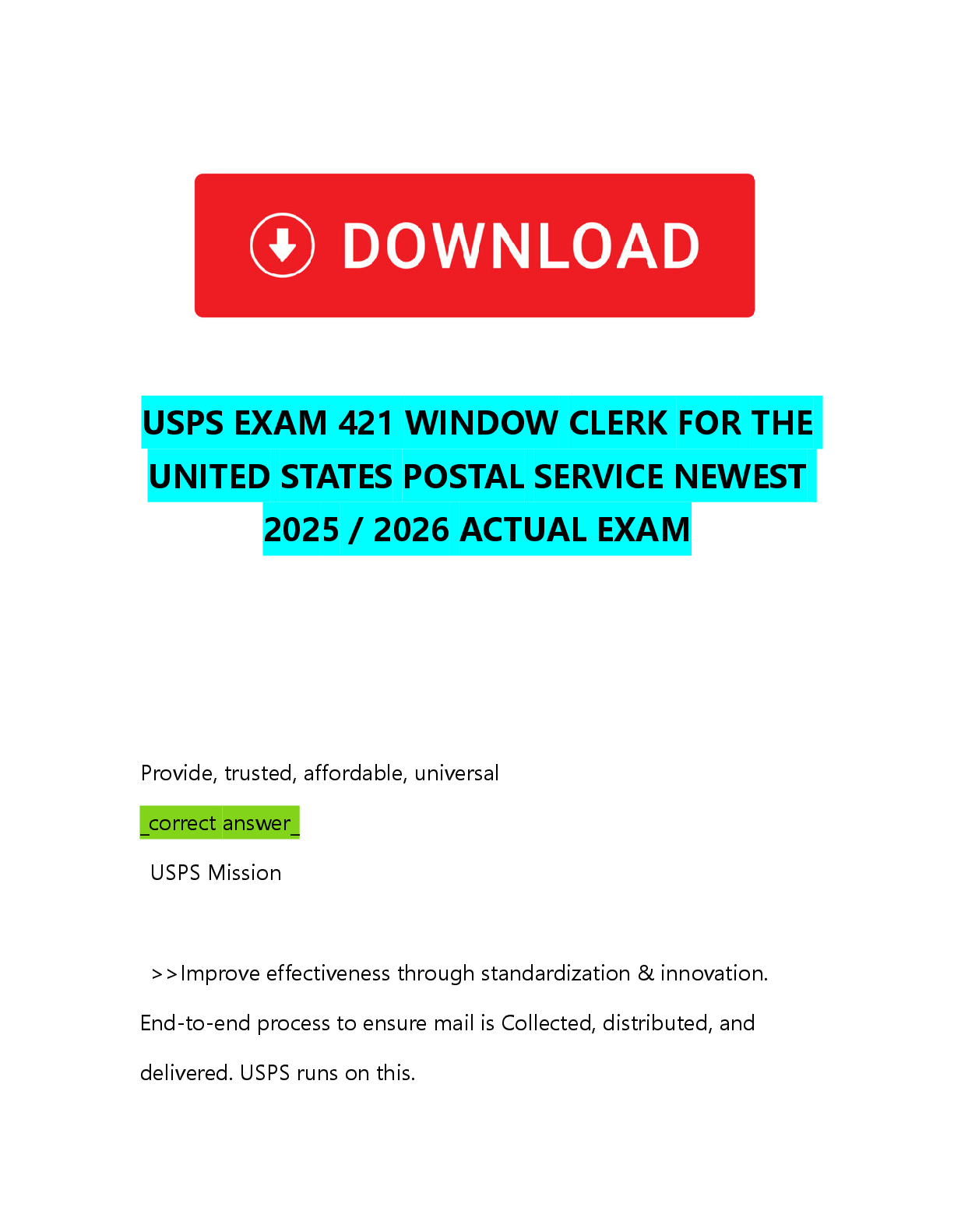 Preview of USPS EXAM 421 WINDOW CLERK FOR THE UNITED STATES POSTAL SERVICE NEWEST 2025  2026 ACTUAL E