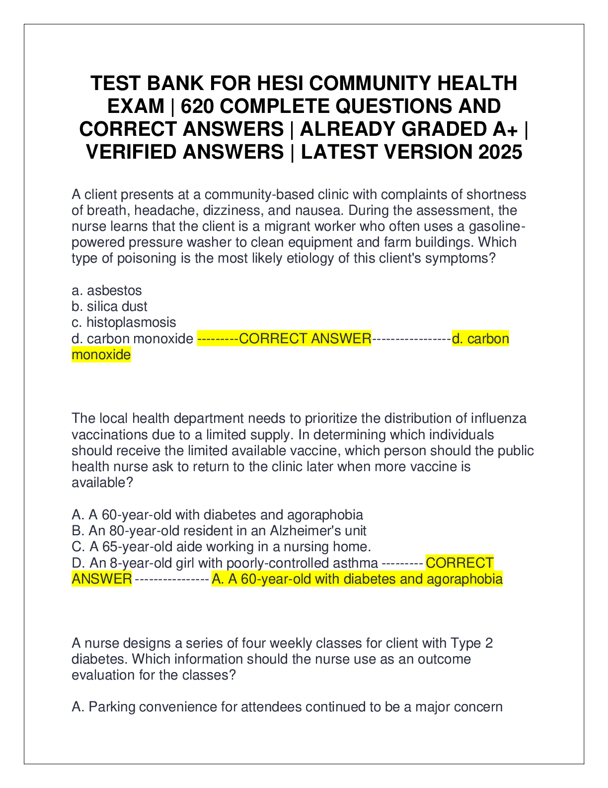 Preview of TEST BANK FOR HESI COMMUNITY HEALTH EXAM  620 COMPLETE QUESTIONS AND CORRECT ANSWERS  ALRE