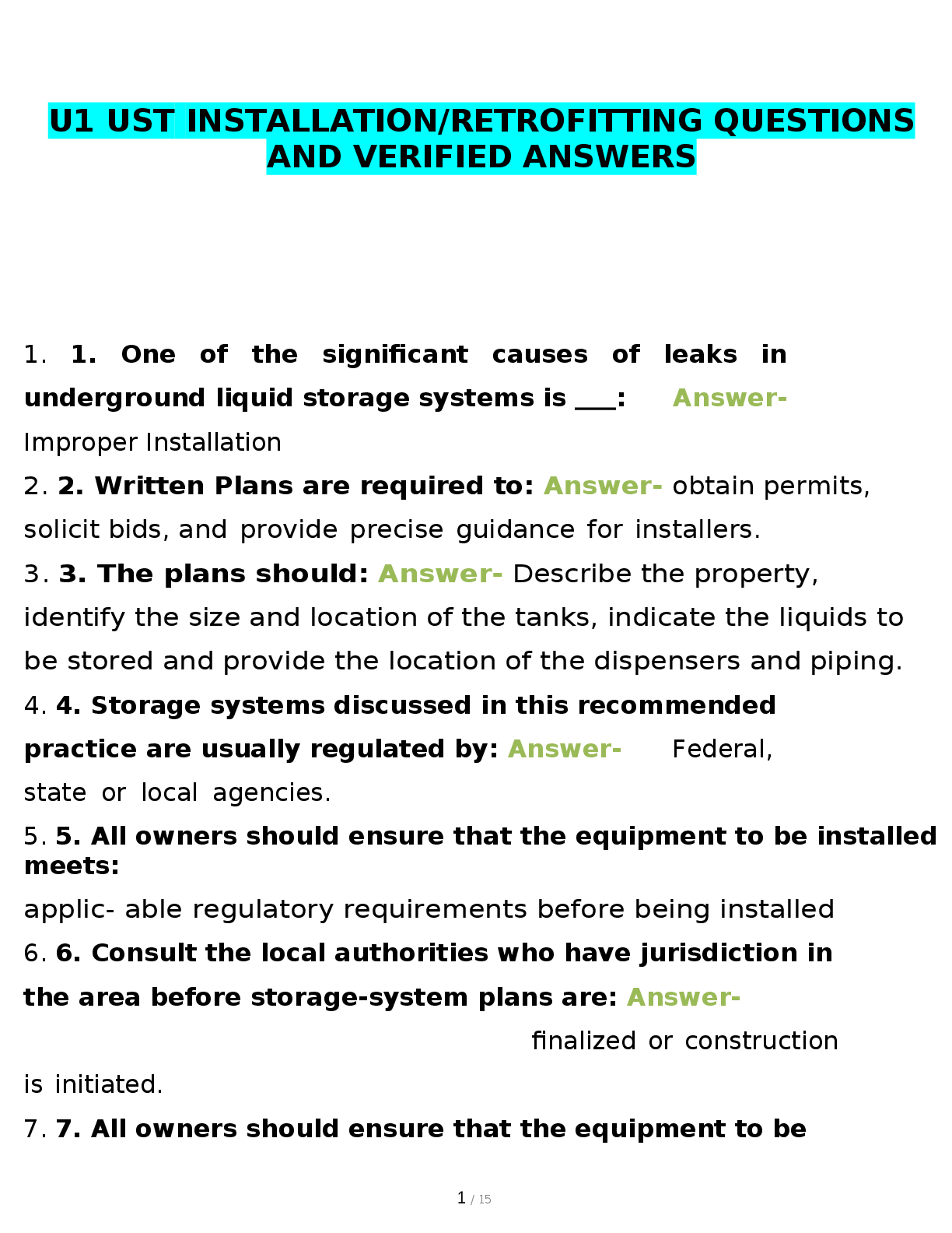 Preview of U1 UST INSTALLATION RETRO FITTING QUESTIONS AND VERIFIED ANSWERS