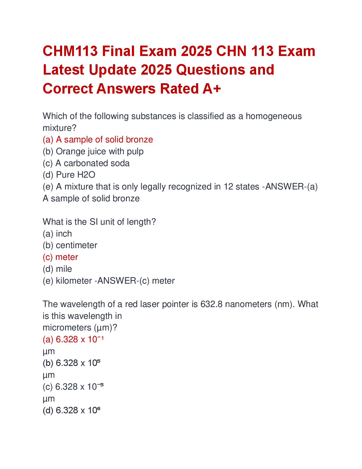 Preview of CHM113 Final Exam 2025 CHN 113 Exam  Latest Update 2025 Questions and  Correct Answers Rat