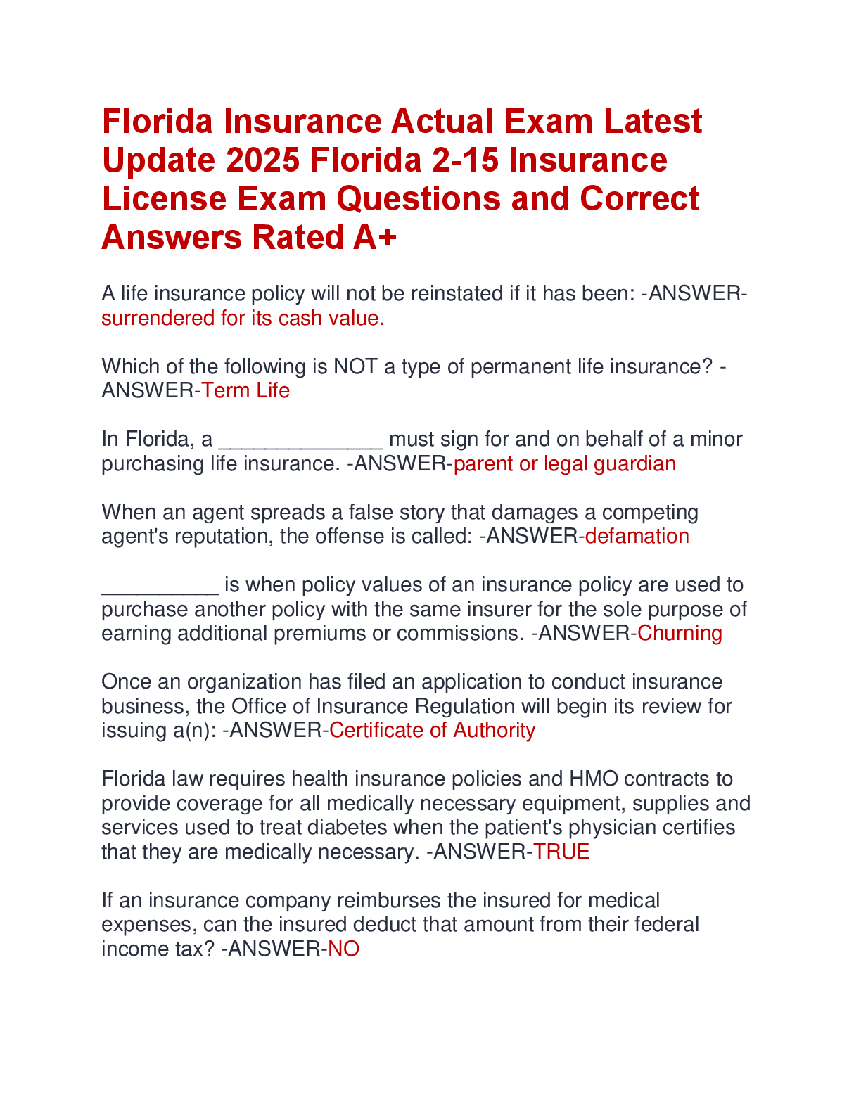 Preview of Florida Insurance Actual Exam Latest  Update 2025 Florida 2-15 Insurance  License Exam Questions and Correct  Answers Rated A+