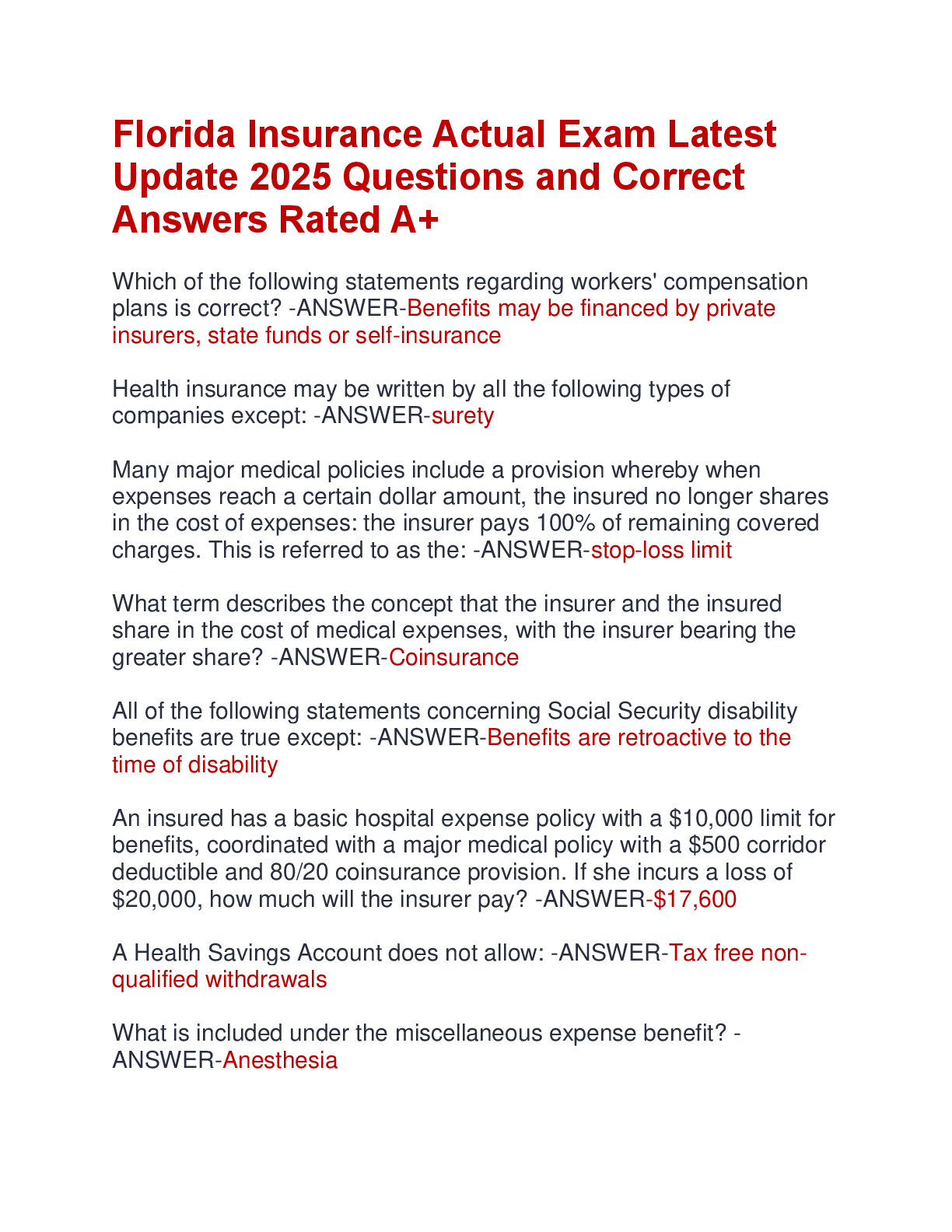 Florida Insurance Actual Exam Latest  Update 2025 Questions and Correct  Answers Rated A+