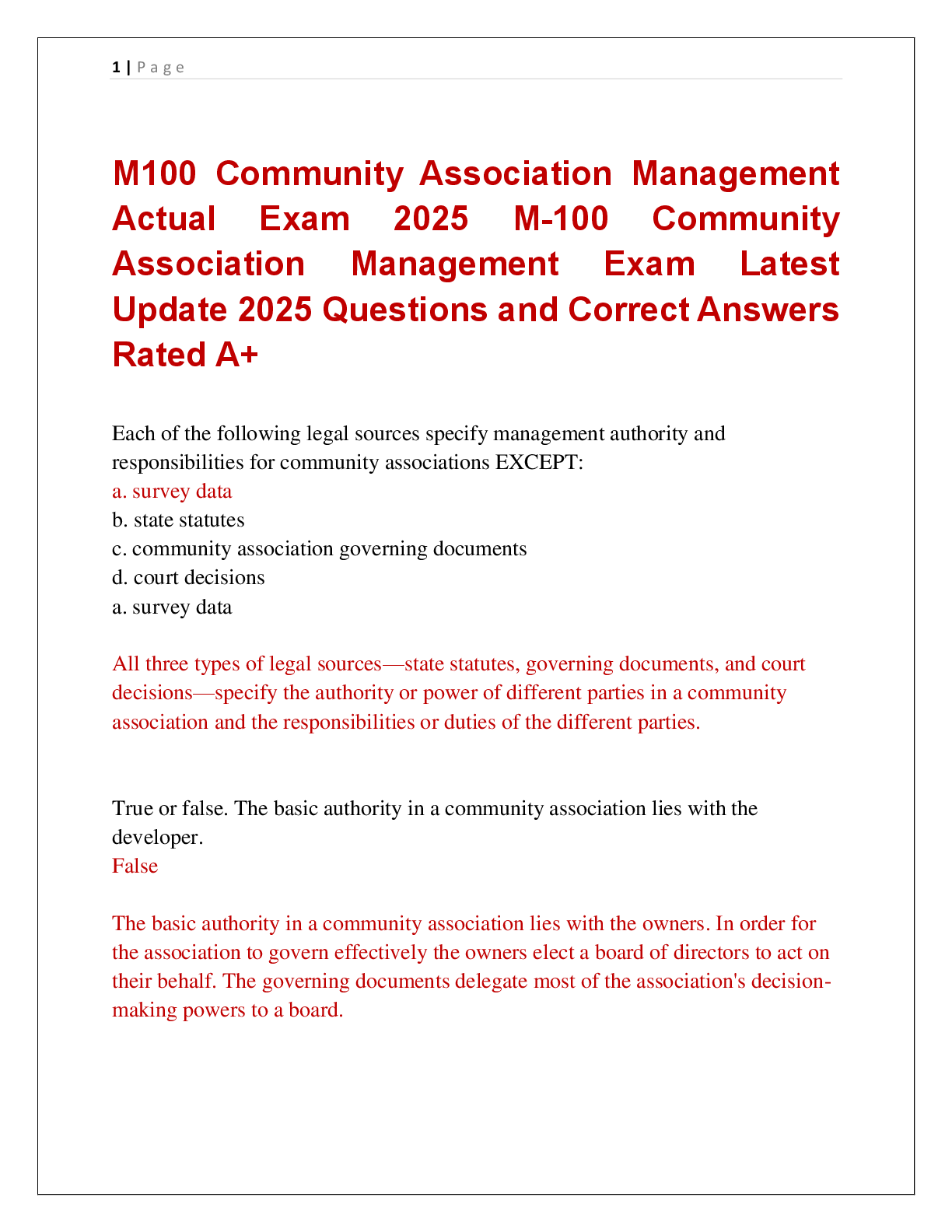 Preview of M100 Community Association Management  Actual Exam 2025 M-100 Community  Association Management Exam Latest  Update 2025 Questions and Correct Answers  Rated A+