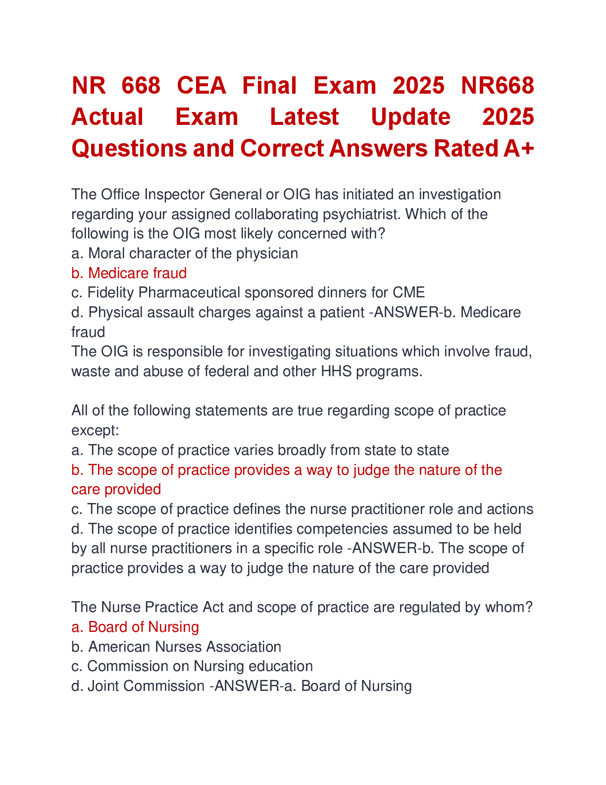 Preview of NR 668 CEA Final Exam 2025 NR668  Actual Exam Latest Update 2025  Questions and Correct An