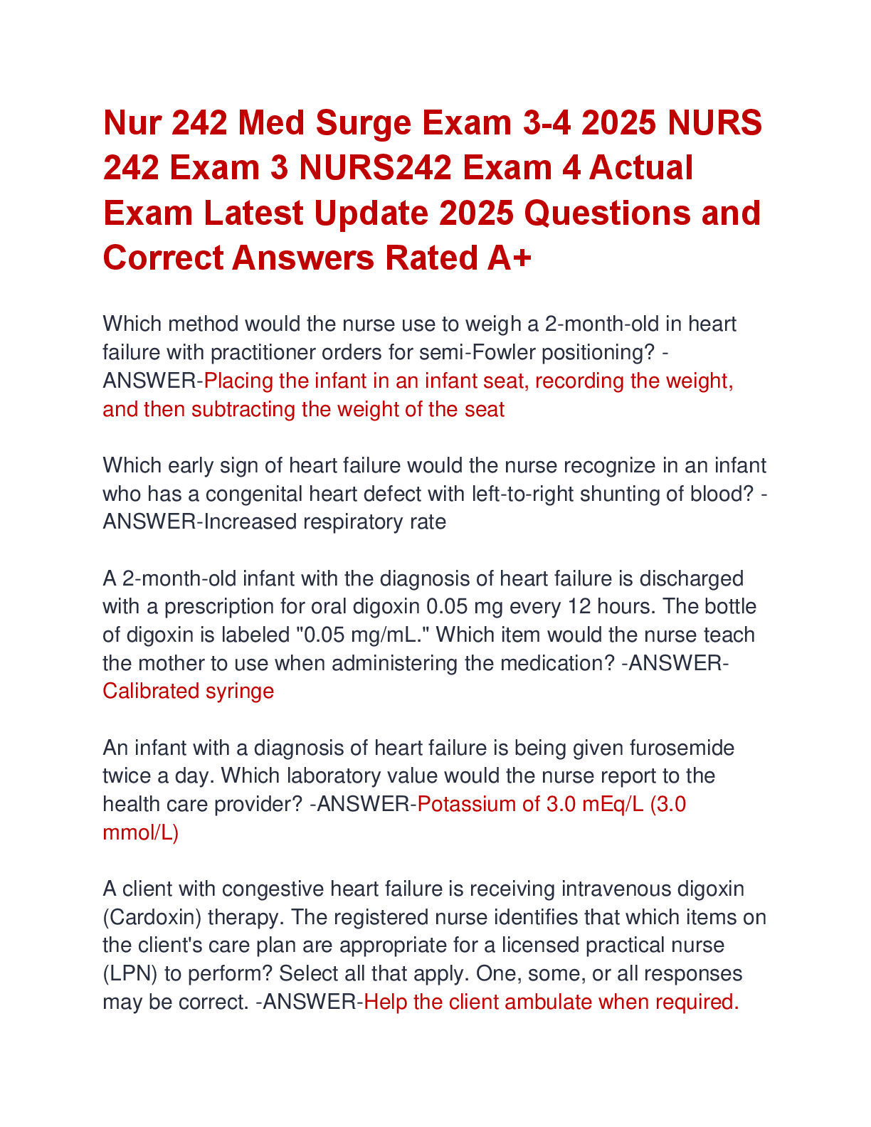 Preview of Nur 242 Med Surge Exam 3-4 2025 NURS  242 Exam 3 NURS242 Exam 4 Actual  Exam Latest Update