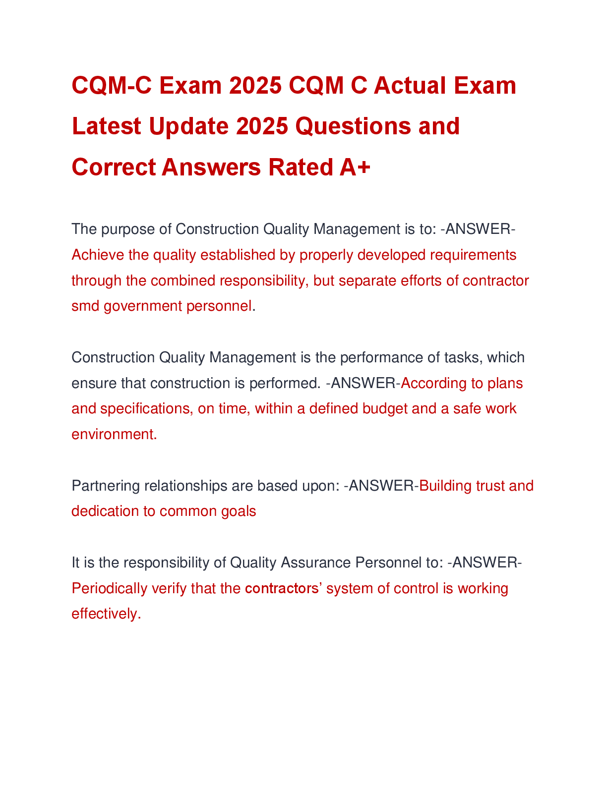 Preview of CQM-C Exam 2025 CQM C Actual Exam  Latest Update 2025 Questions and  Correct Answers Rated A+