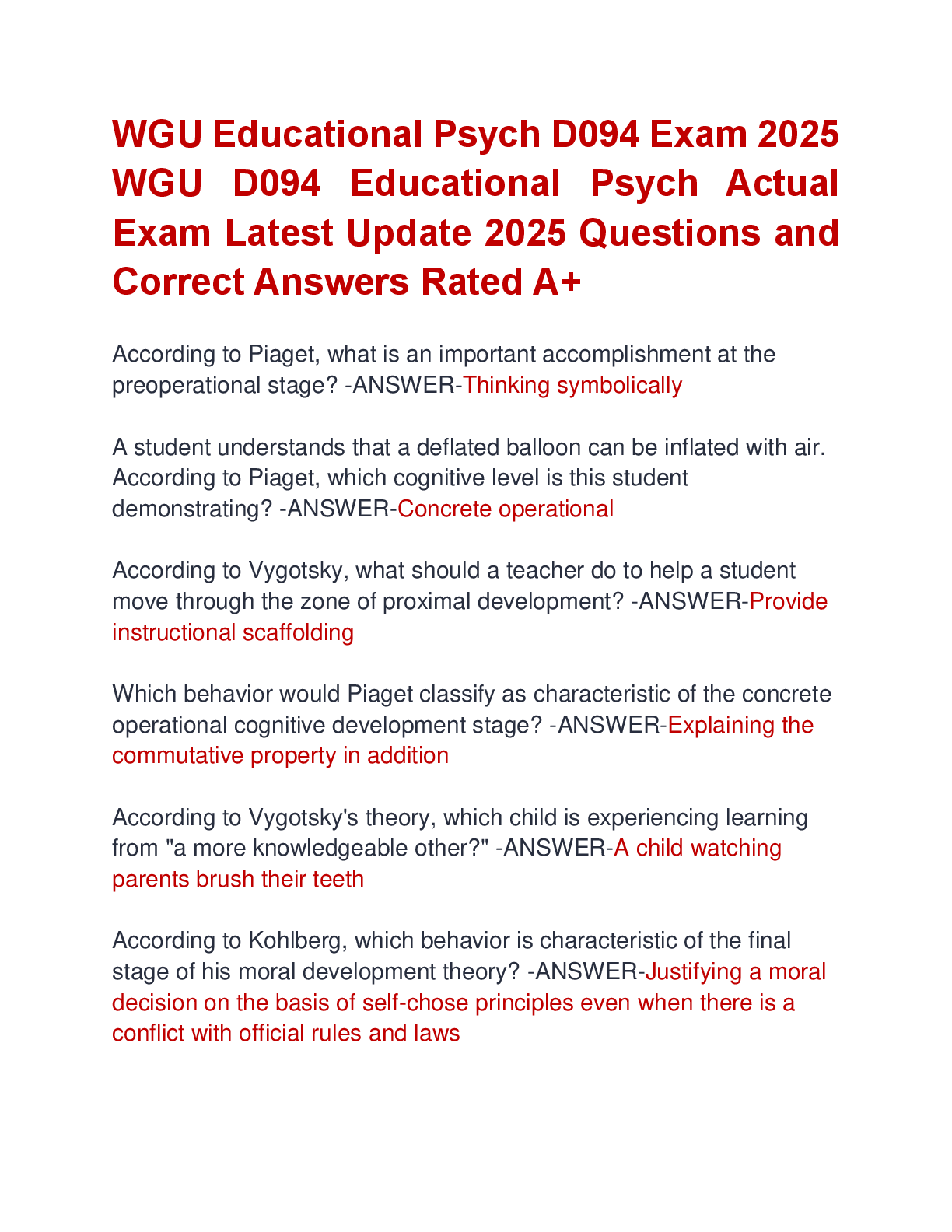 Recommended document preview for WGU Educational Psych D094 Exam 2025  WGU D094 Educational Psych Actual  Exam Latest Update 2025 Questions and  Correct Answers Rated A+