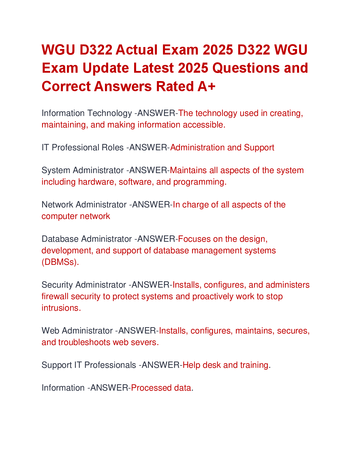 Preview of WGU D322 Actual Exam 2025 D322 WGU  Exam Update Latest 2025 Questions and  Correct Answers
