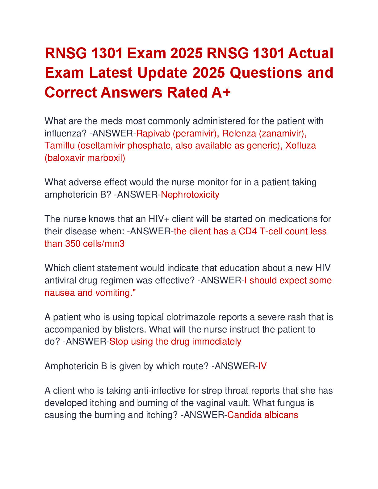 Preview of RNSG 1301 Exam 2025 RNSG 1301 Actual  Exam Latest Update 2025 Questions and  Correct Answe
