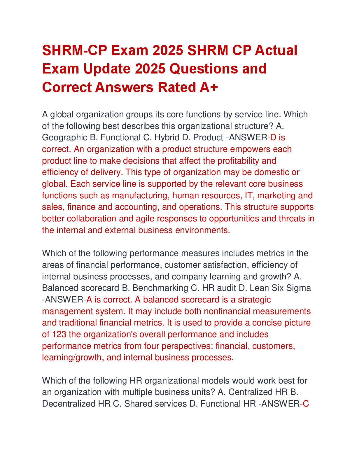 Preview of SHRM-CP Exam 2025 SHRM CP Actual  Exam Update 2025 Questions and  Correct Answers Rated A+