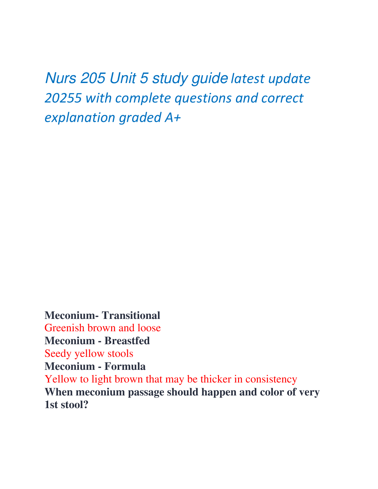Preview of Nurs 205 Unit 5 study guide latest update  20255 with complete questions and correct  expl