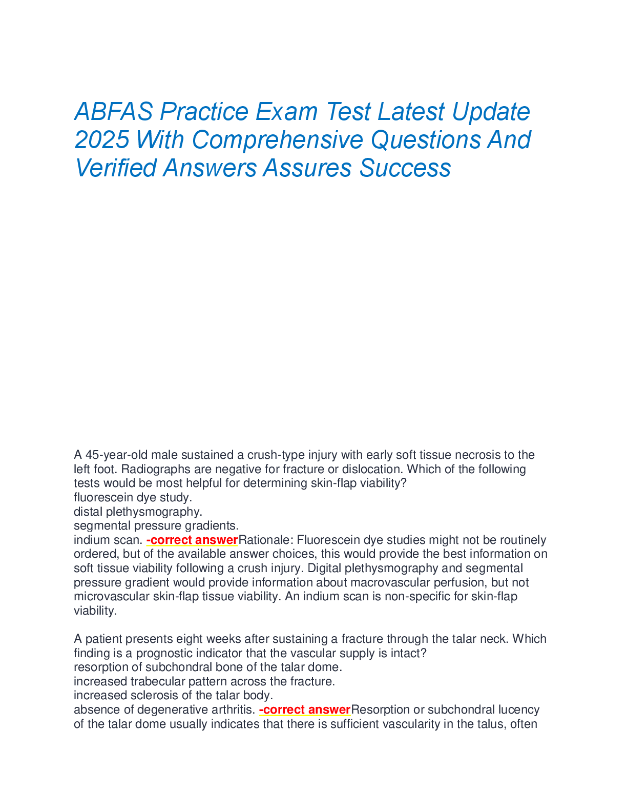 ABFAS Practice Exam Test Latest Update  2025 With Comprehensive Questions And  Verified Answers Assures Succes
