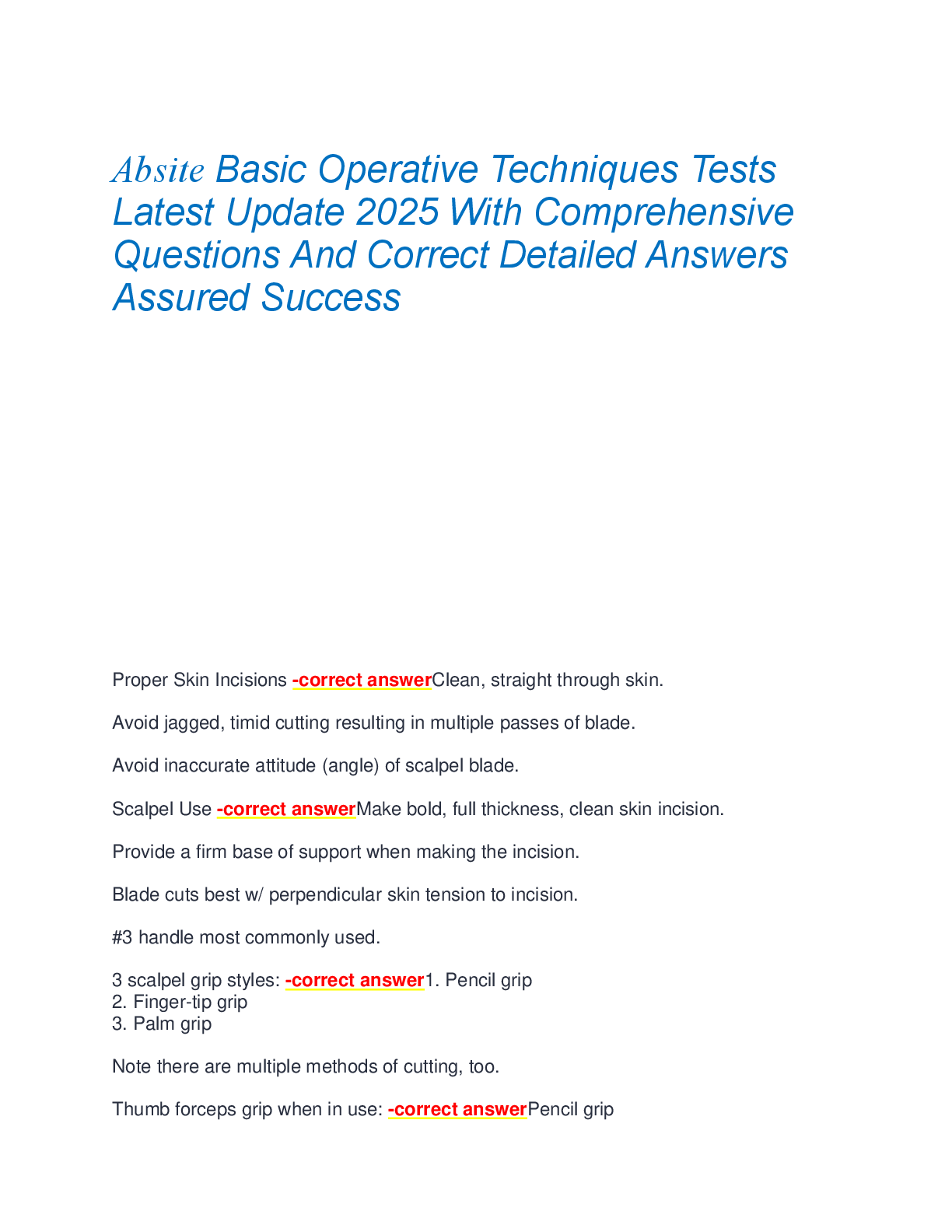 Preview image for Absite Basic Operative Techniques Tests  Latest Update 2025 With Comprehensive  Questions And Correct Detailed Answers  Assured Success