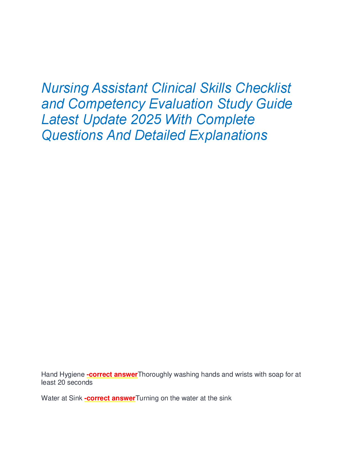 Preview of Nursing Assistant Clinical Skills Checklist  and Competency Evaluation Study Guide  Latest Update 2025 With Complete  Questions And Detailed Explanations