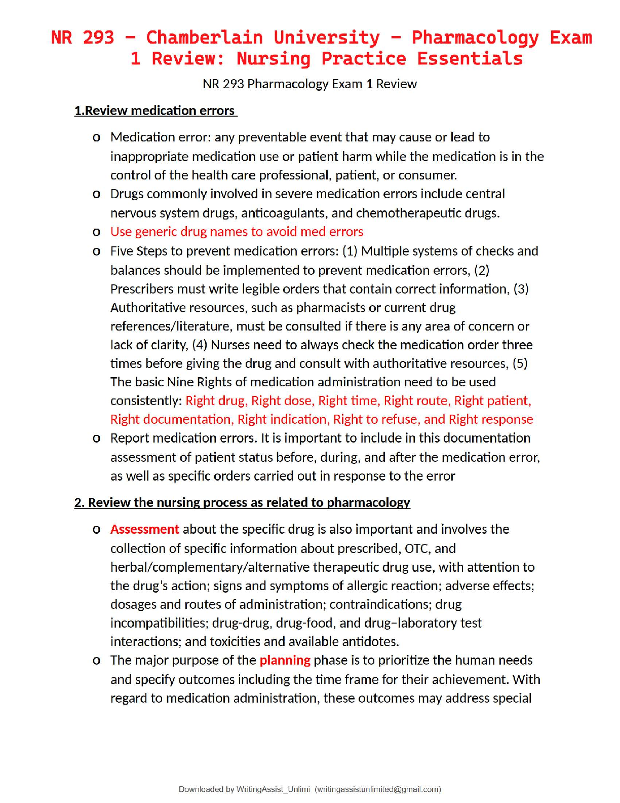 NR 293 - Chamberlain University - Pharmacology Exam 1 Review: Nursing Practice Essentials