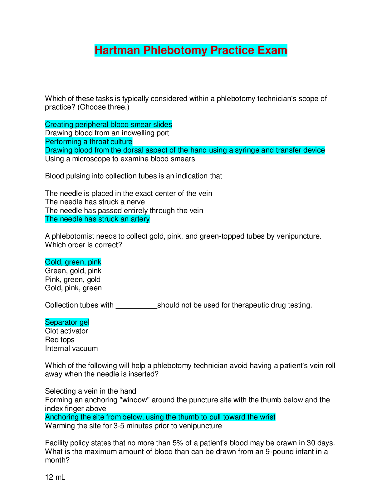 Preview of Hartman Phlebotomy Practice Exam | Questions with 100% Correct Answers