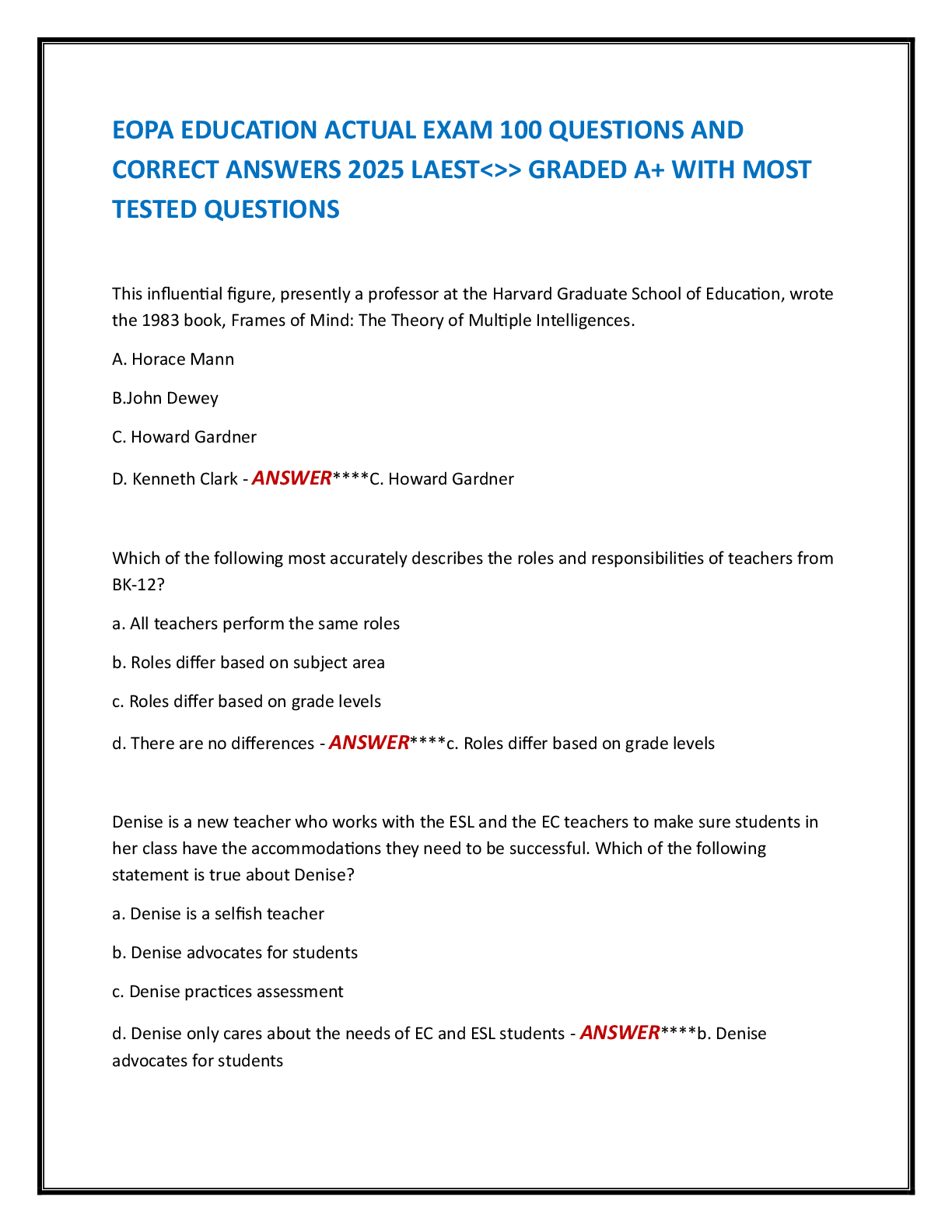 Preview image for EOPA EDUCATION ACTUAL EXAM 100 QUESTIONS AND  CORRECT ANSWERS 2025 LAEST<>> GRADED A+ WITH MOST  TESTED QUESTIONS