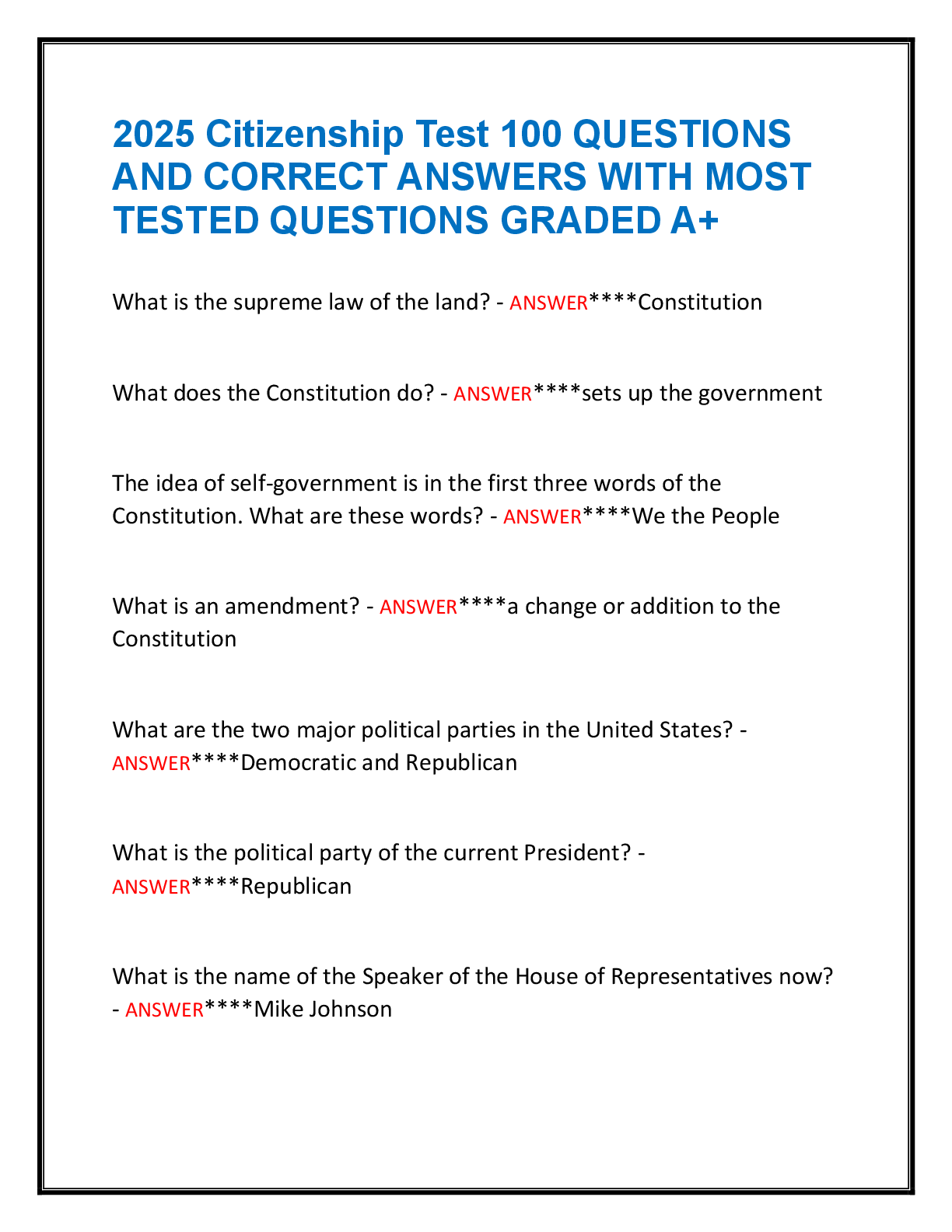 Preview image for 2025 Citizenship Test 100 QUESTIONS  AND CORRECT ANSWERS WITH MOST  TESTED QUESTIONS GRADED A+