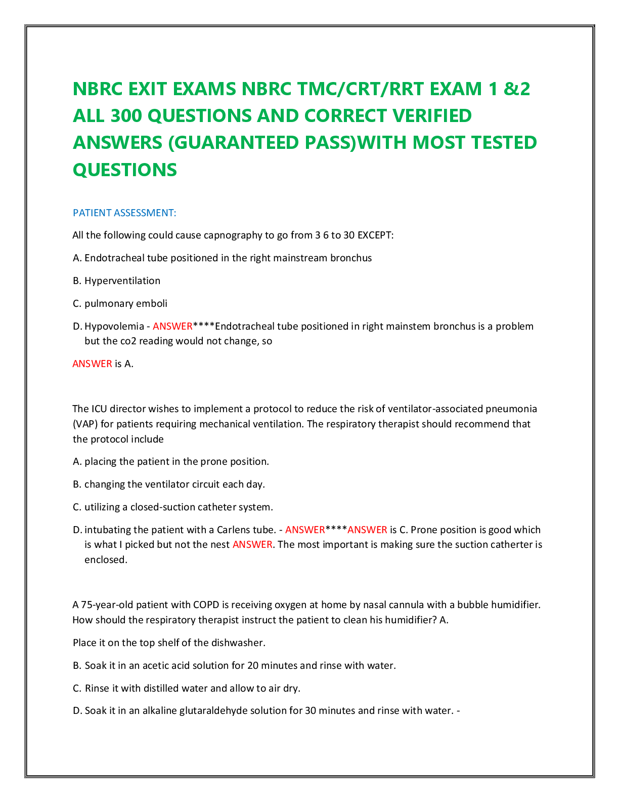 Preview image for NBRC EXIT EXAMS NBRC TMC/CRT/RRT EXAM 1 &2  ALL 300 QUESTIONS AND CORRECT VERIFIED  ANSWERS (GUARANTEED PASS)WITH MOST TESTED  QUESTIONS