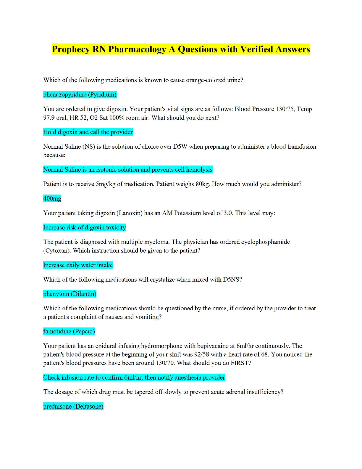 Preview of Prophecy RN Pharmacology A Questions with Verified Answers – Research in Nursing (Liberty University)